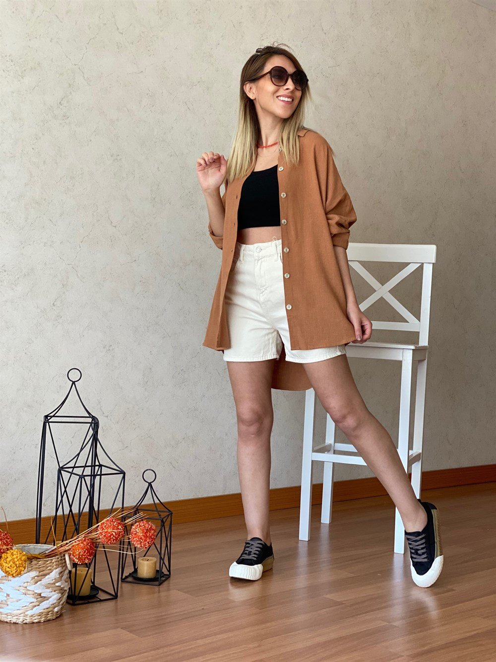 Taba Oversize Keten Gömlek