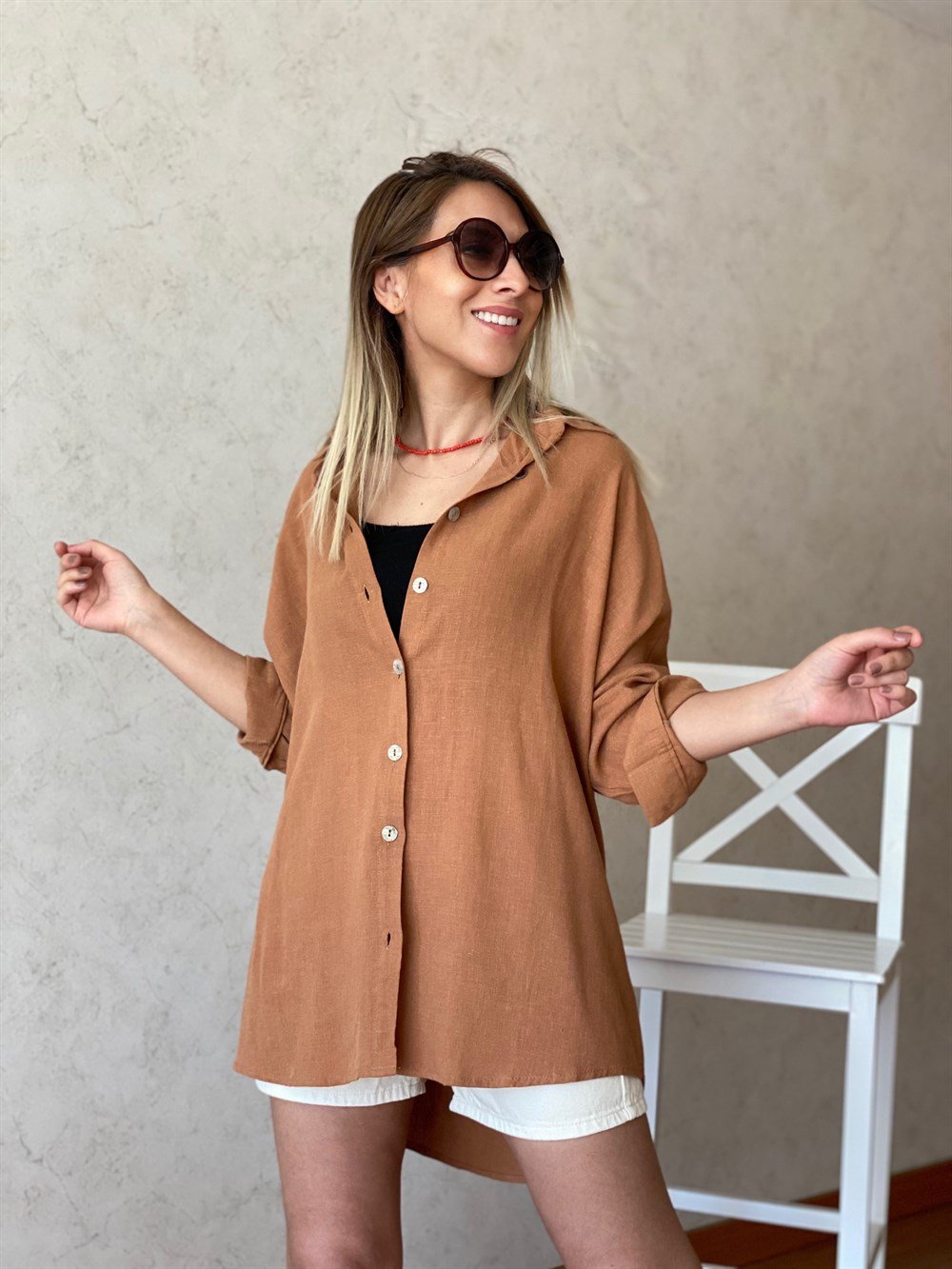 Taba Oversize Keten Gömlek