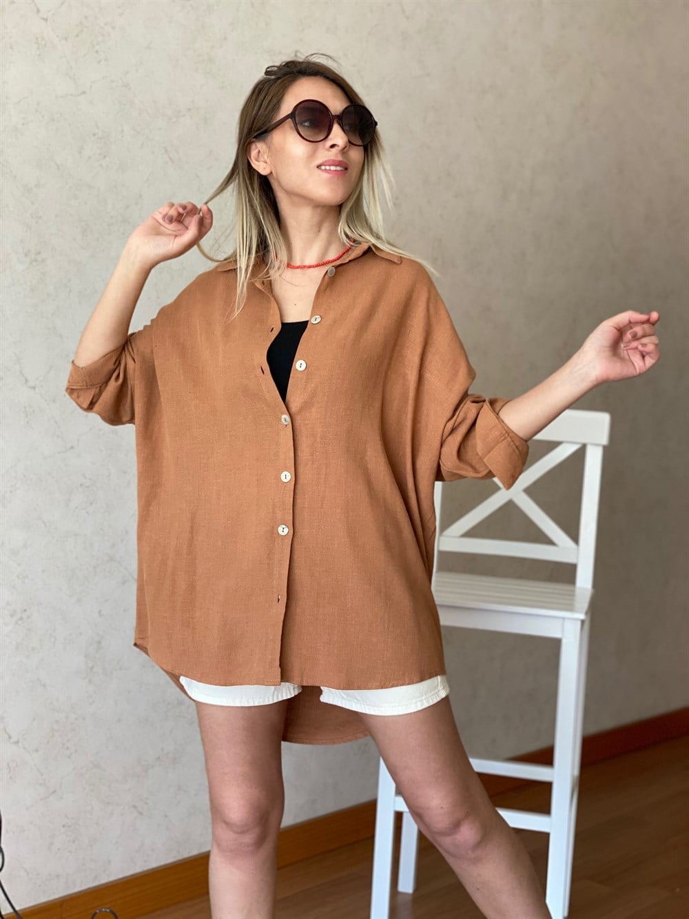 Taba Oversize Keten Gömlek
