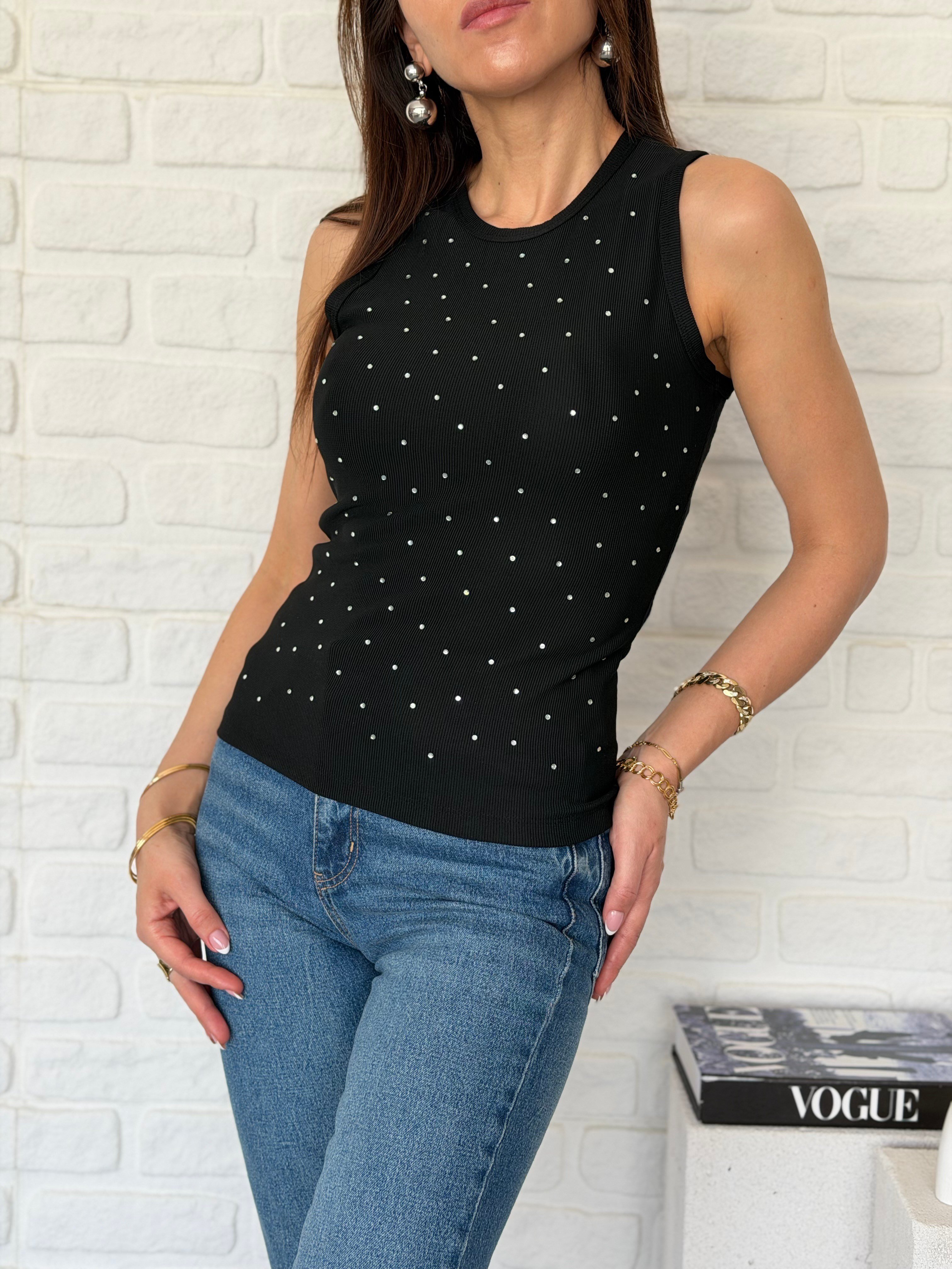 Taşlı Atlet Body Siyah