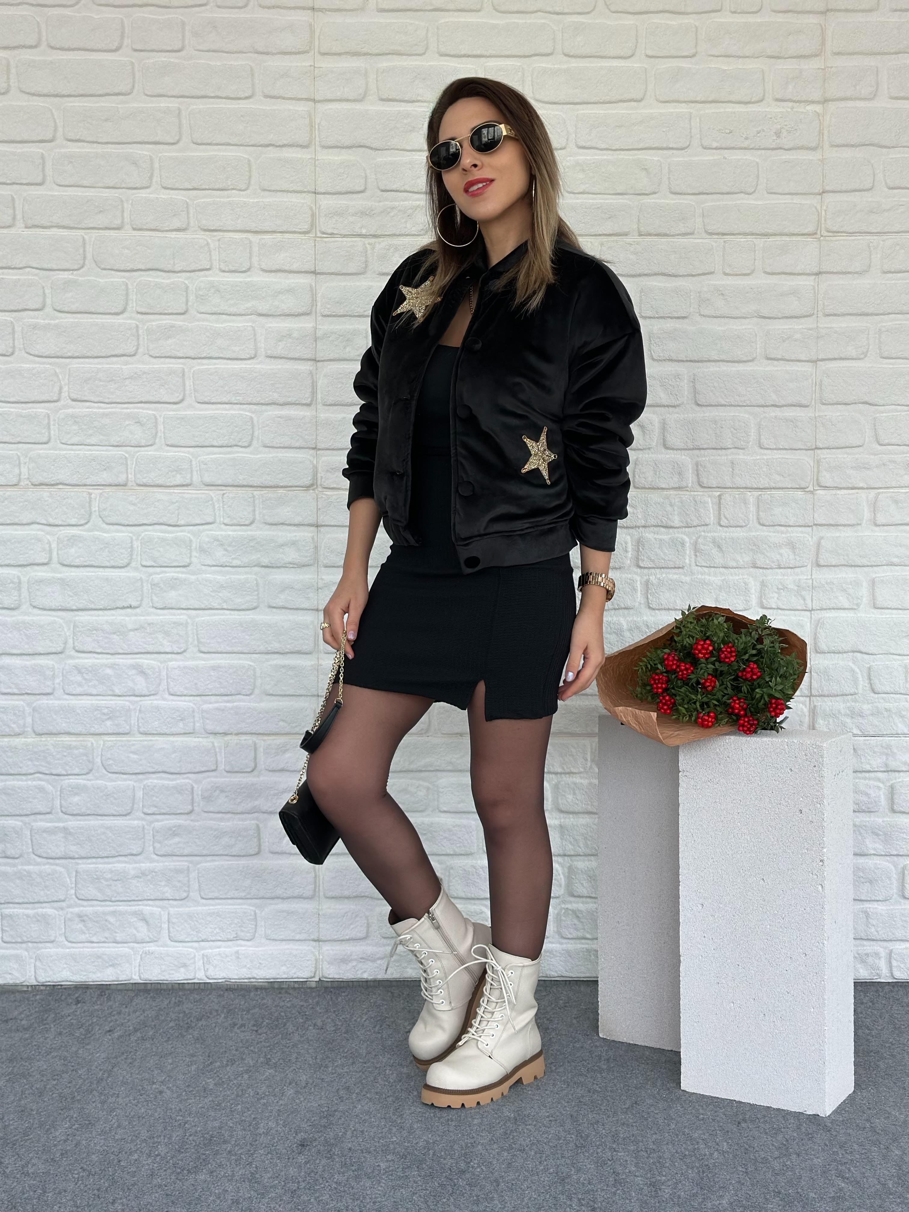 Taşlı Kadife Bomber Ceket Siyah