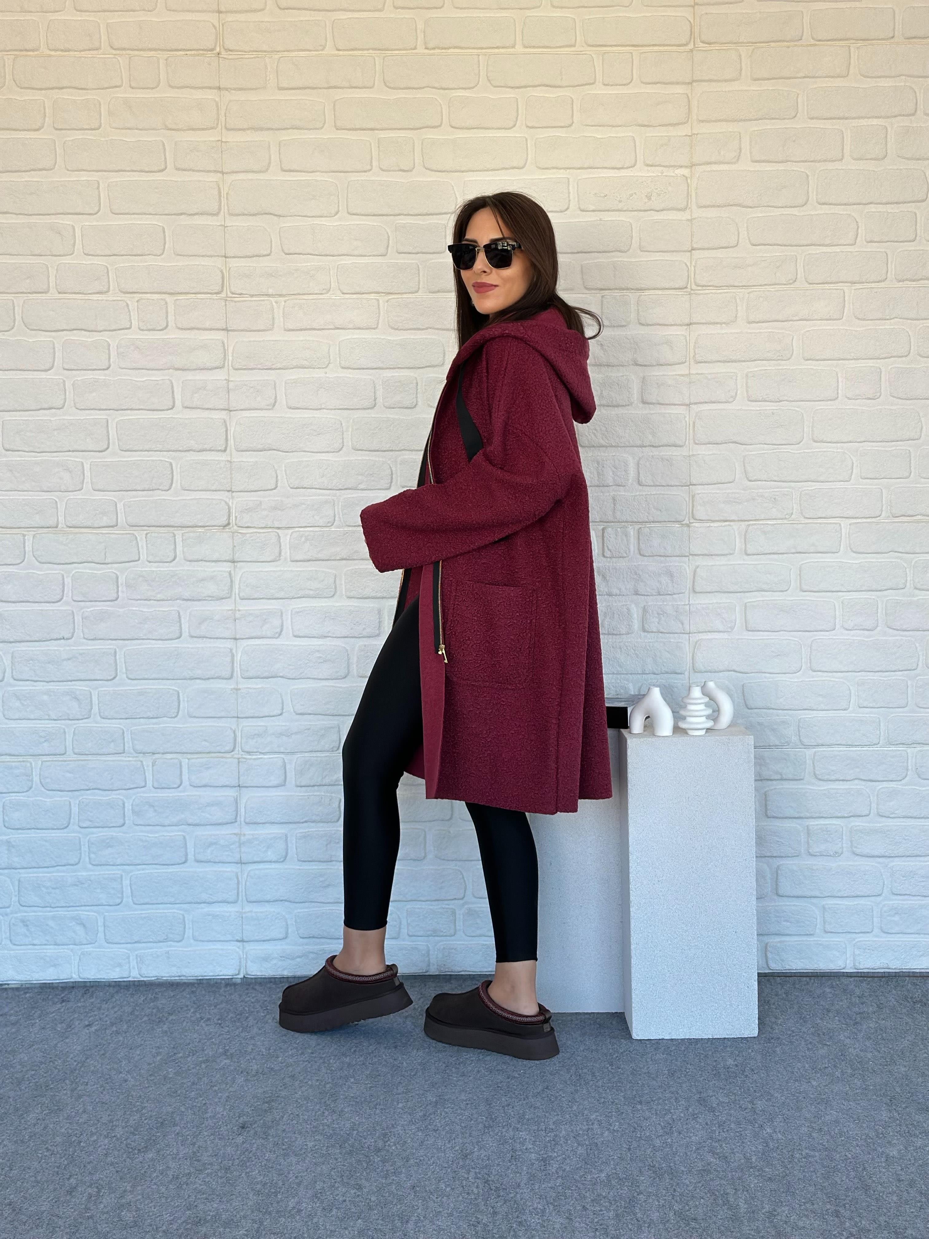 Teddy Kapüşonlu Ceket Bordo