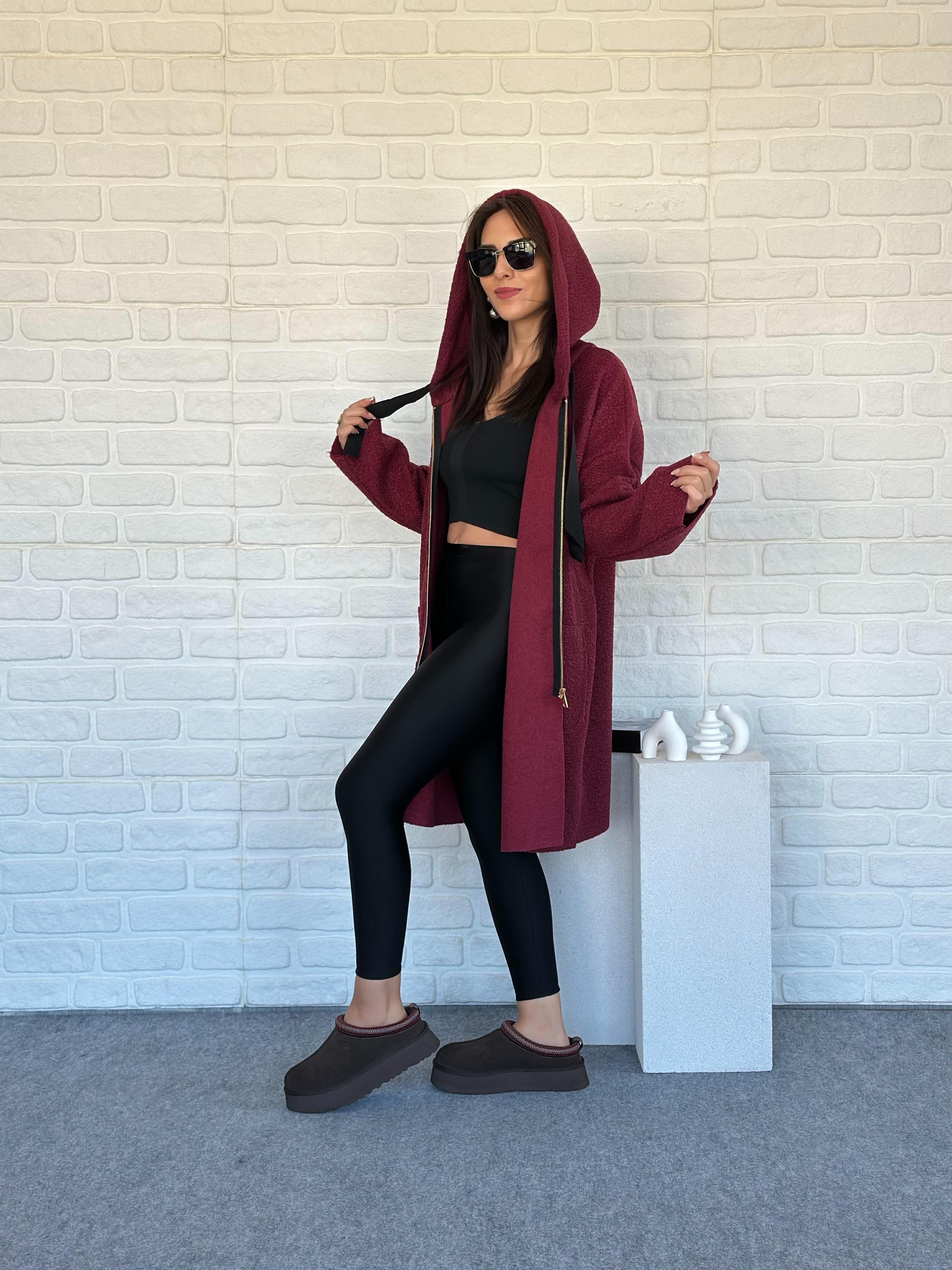 Teddy Kapüşonlu Ceket Bordo
