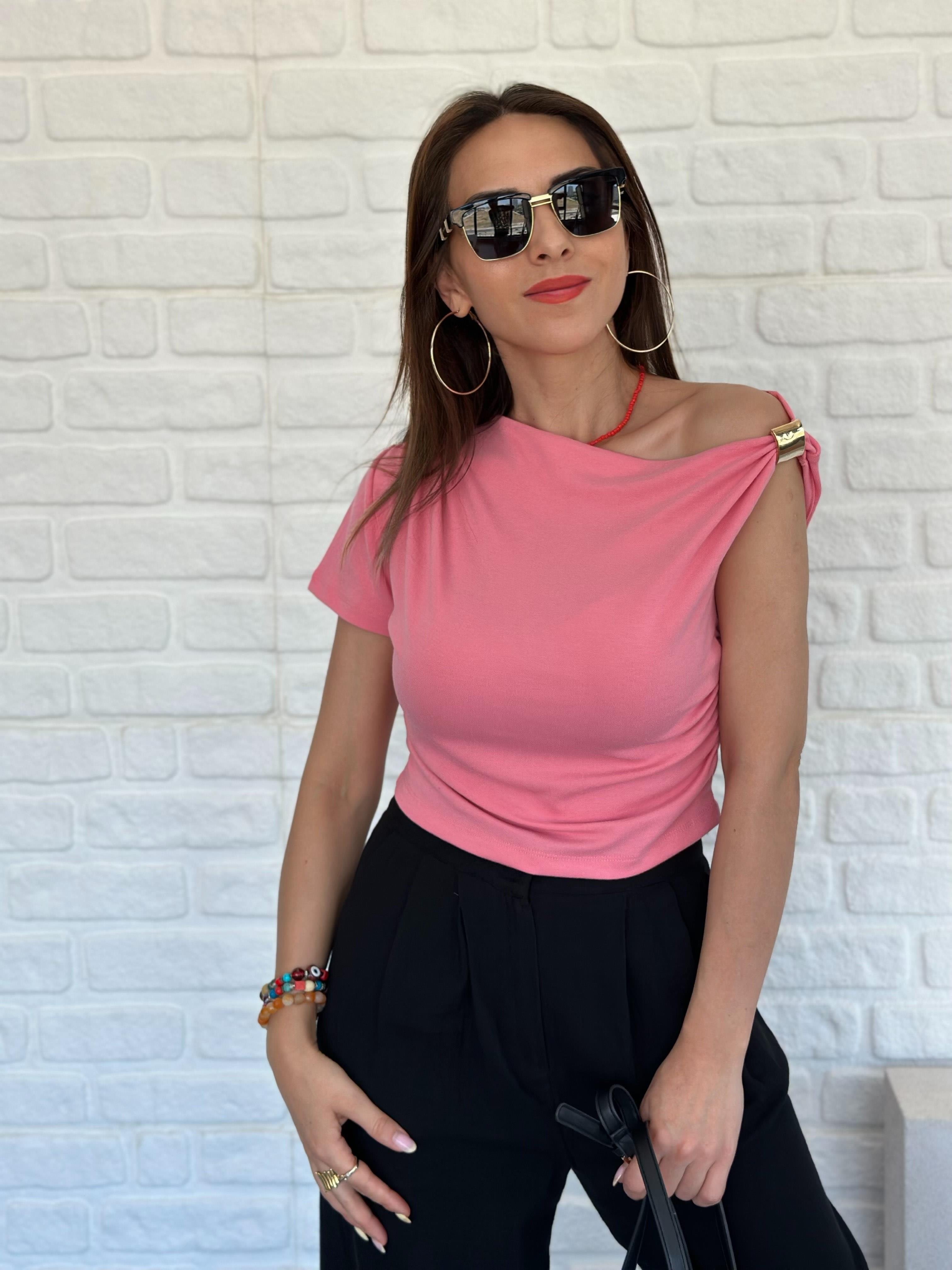 Tek Omuz Detaylı Bluz Pembe