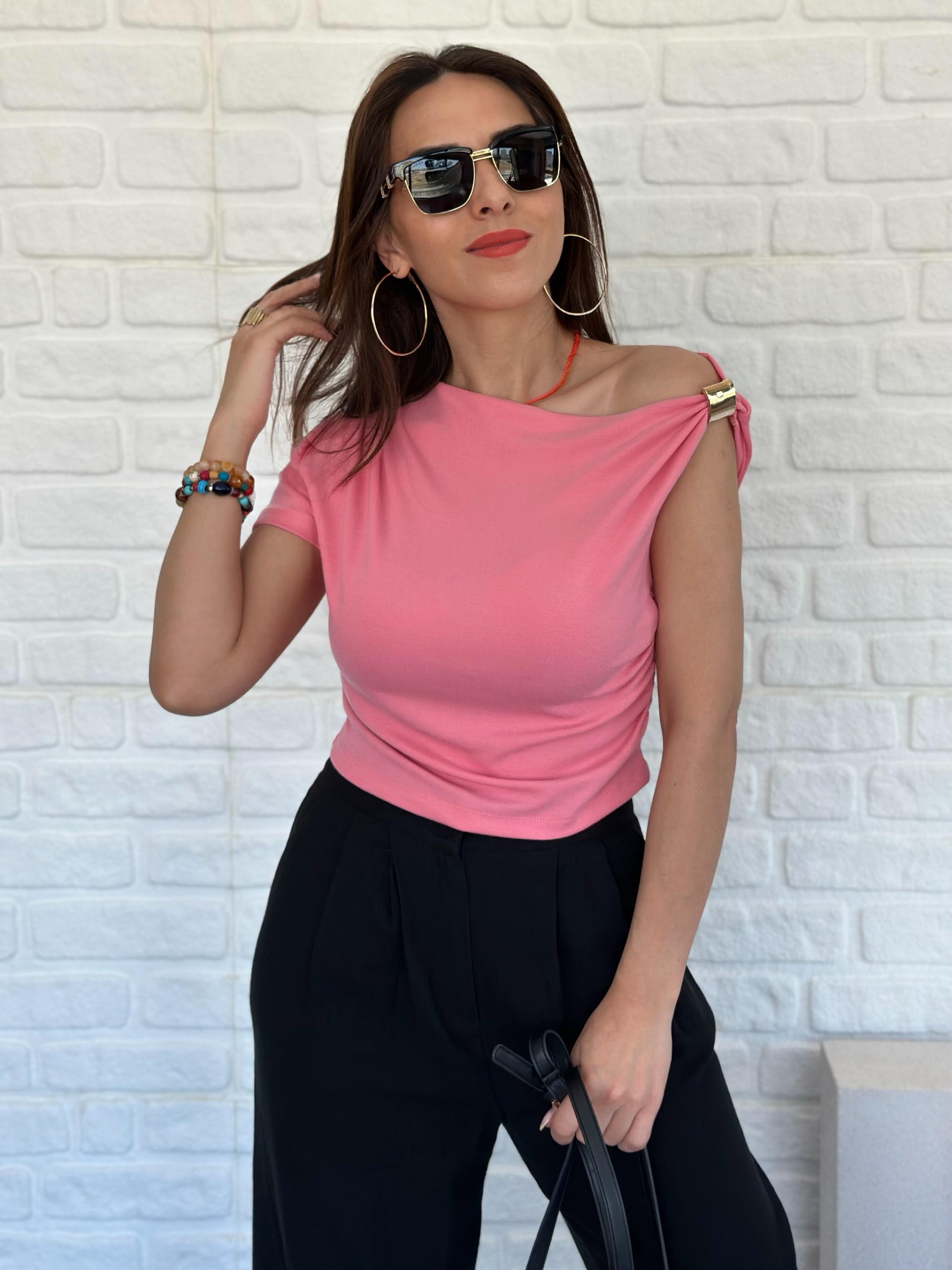 Tek Omuz Detaylı Bluz Pembe