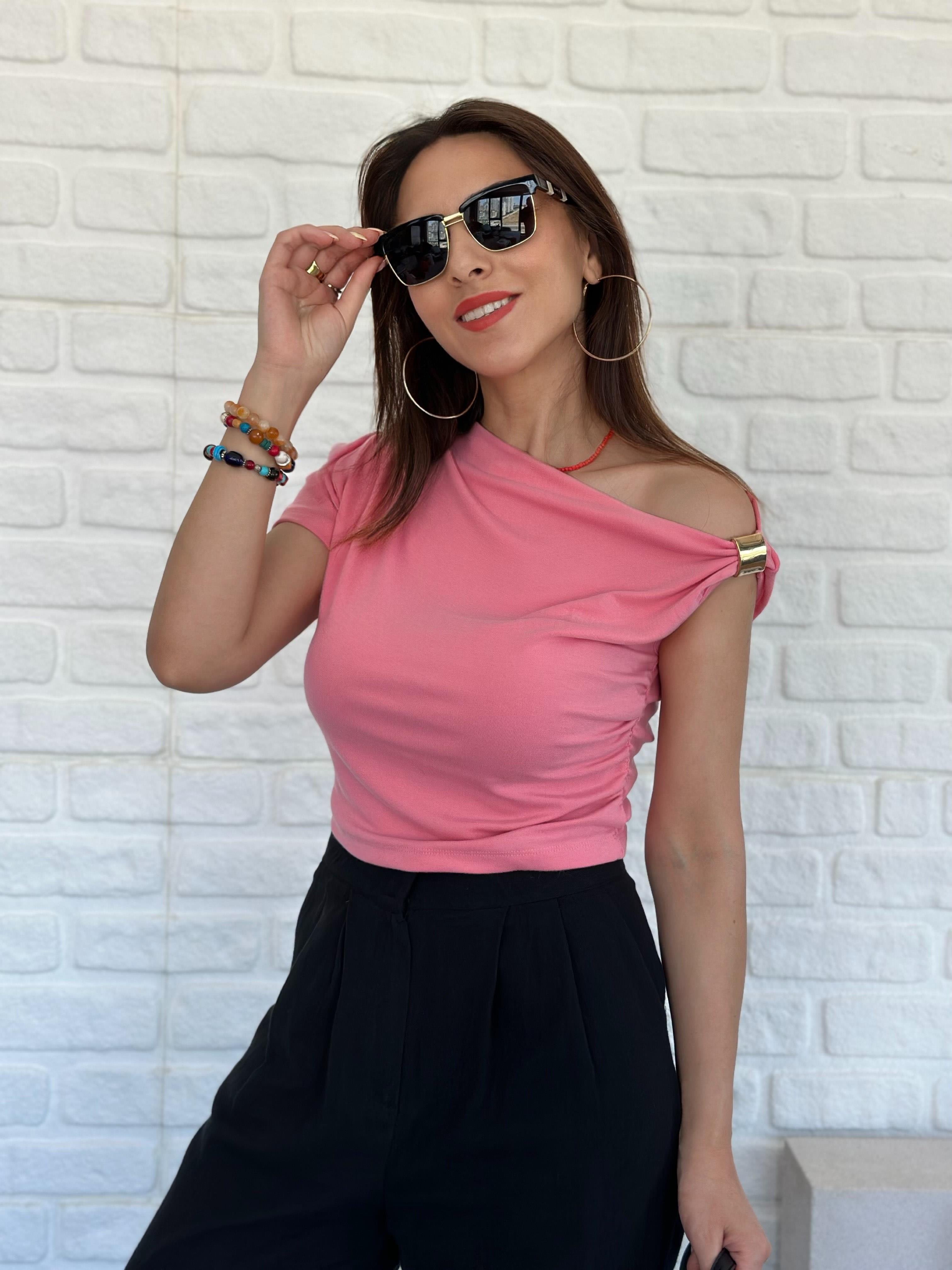 Tek Omuz Detaylı Bluz Pembe
