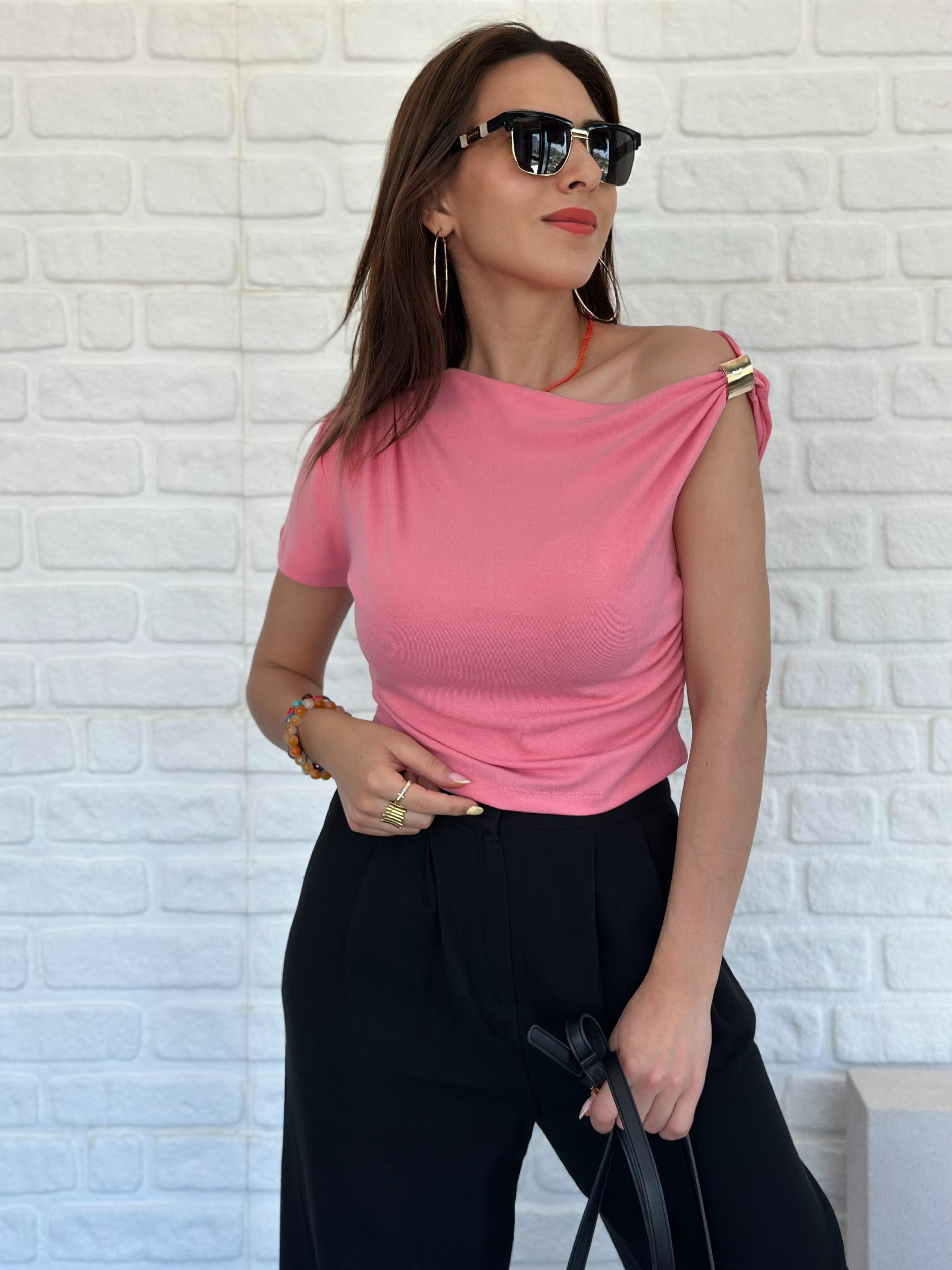 Tek Omuz Detaylı Bluz Pembe