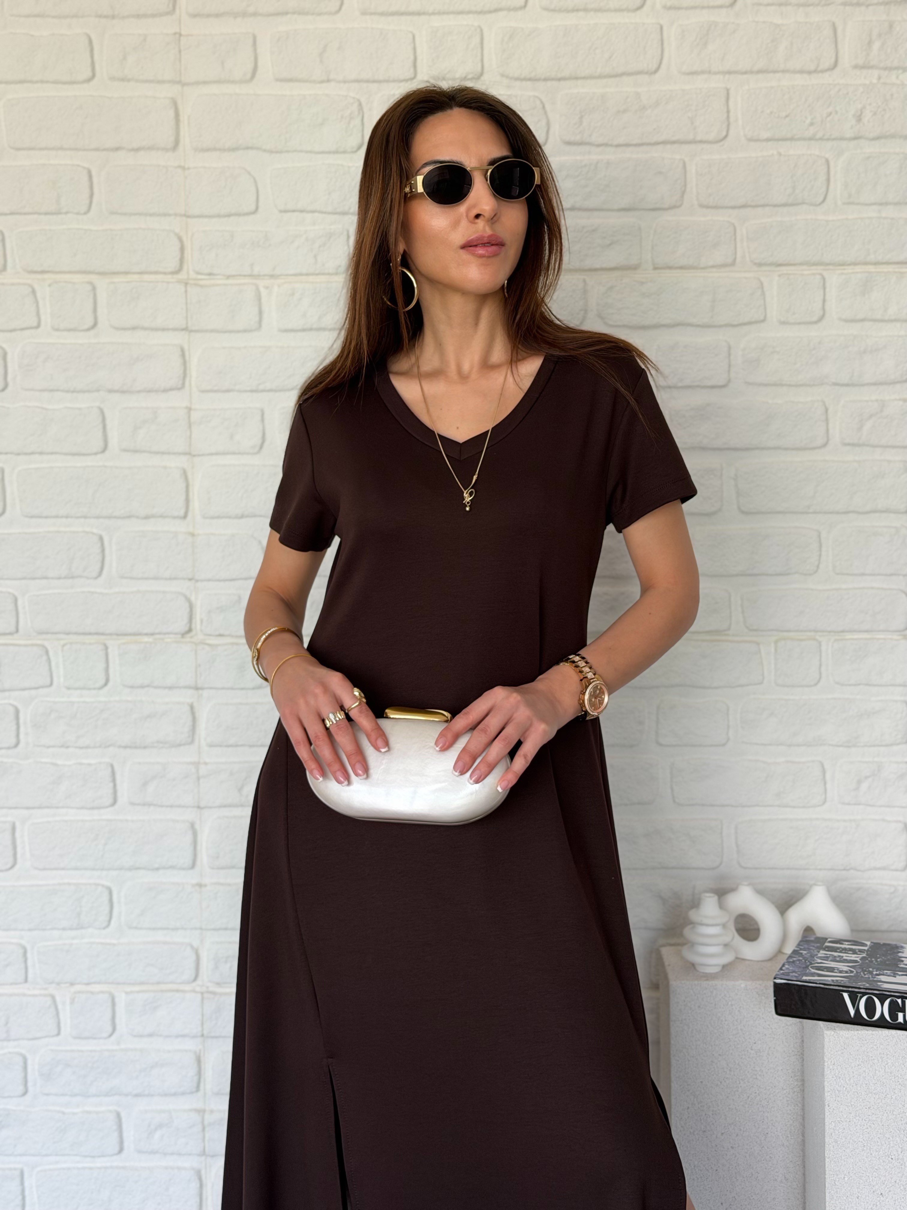 V Yaka Yırtmaçlı Modal Elbise