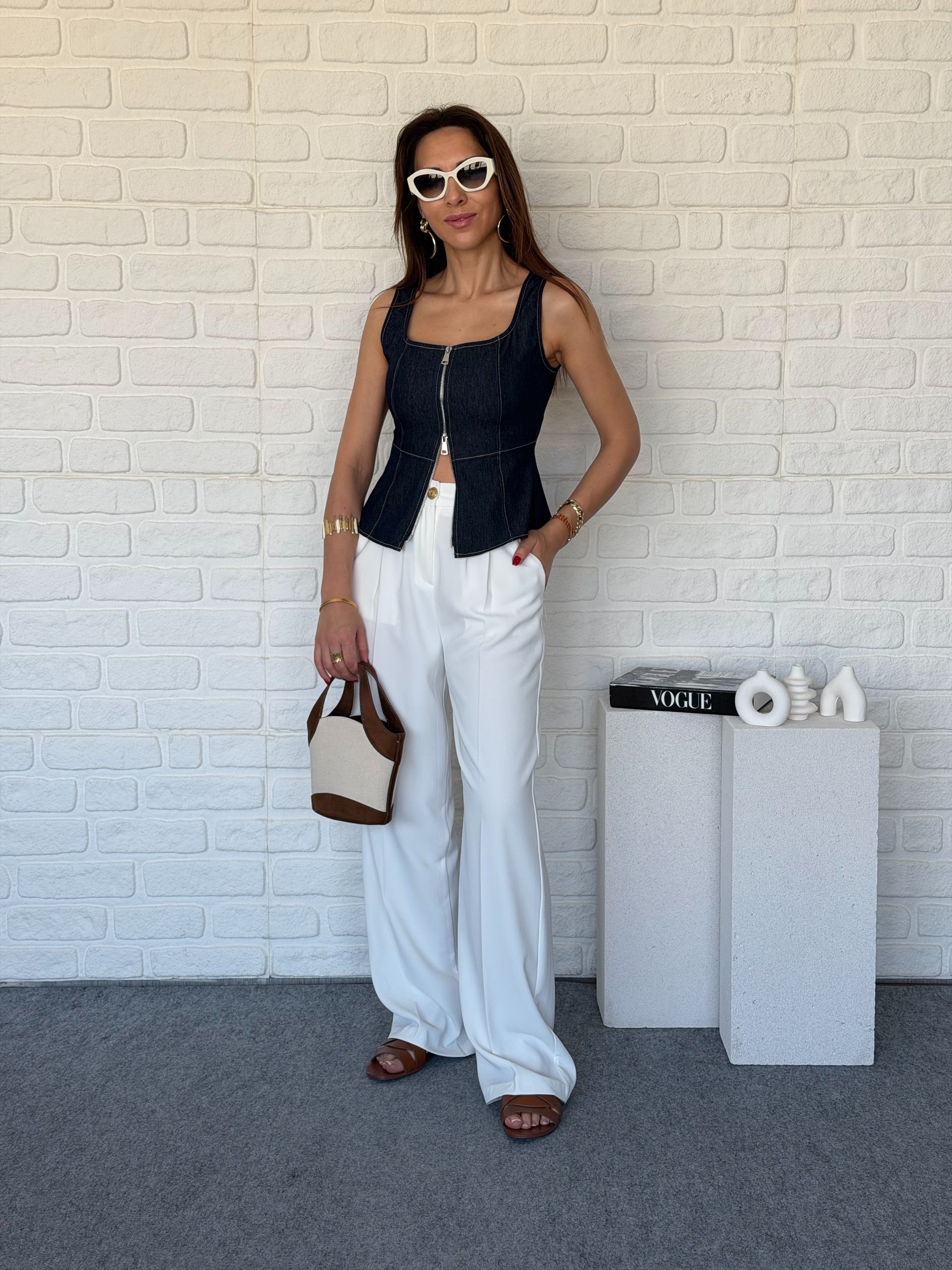 ZR Çift Fermuarlı Denim Bluz