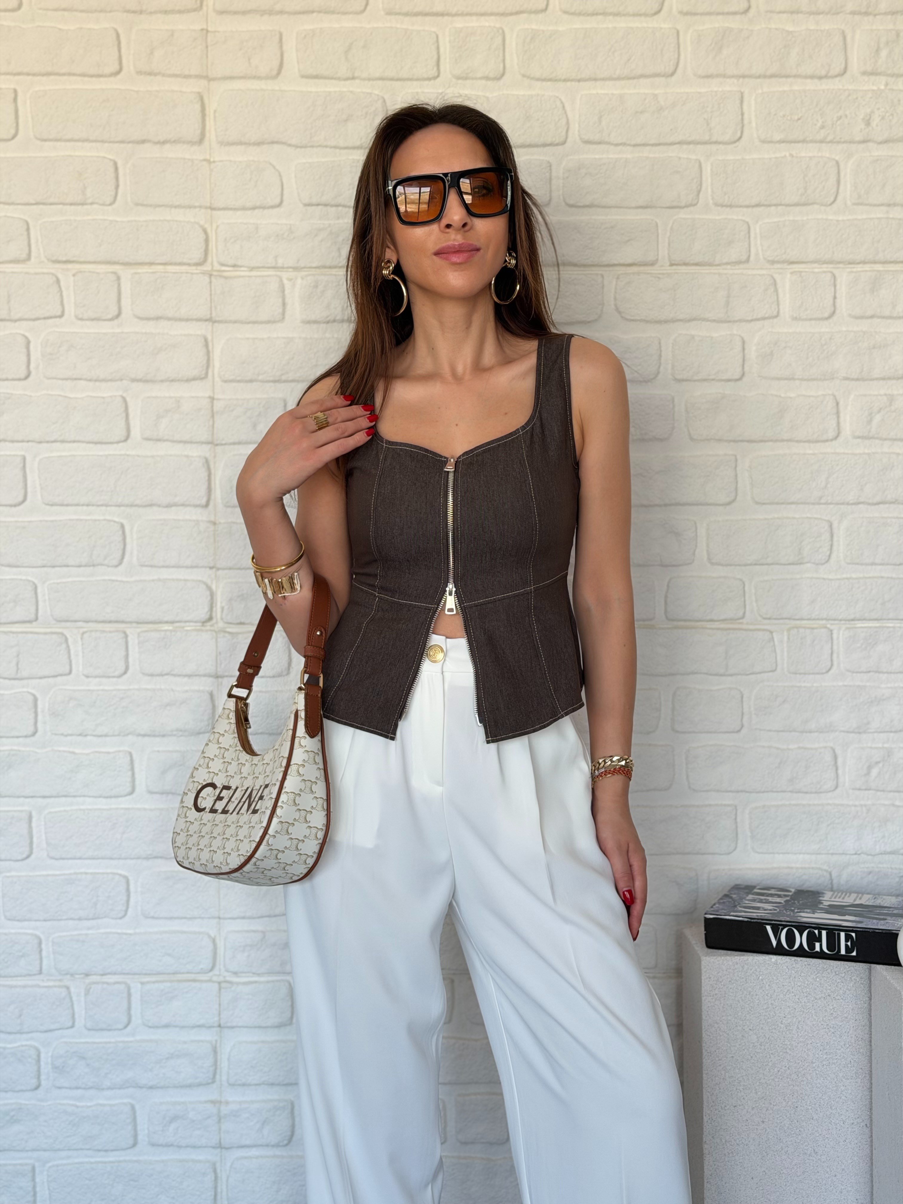 ZR Çift Fermuarlı Denim Bluz
