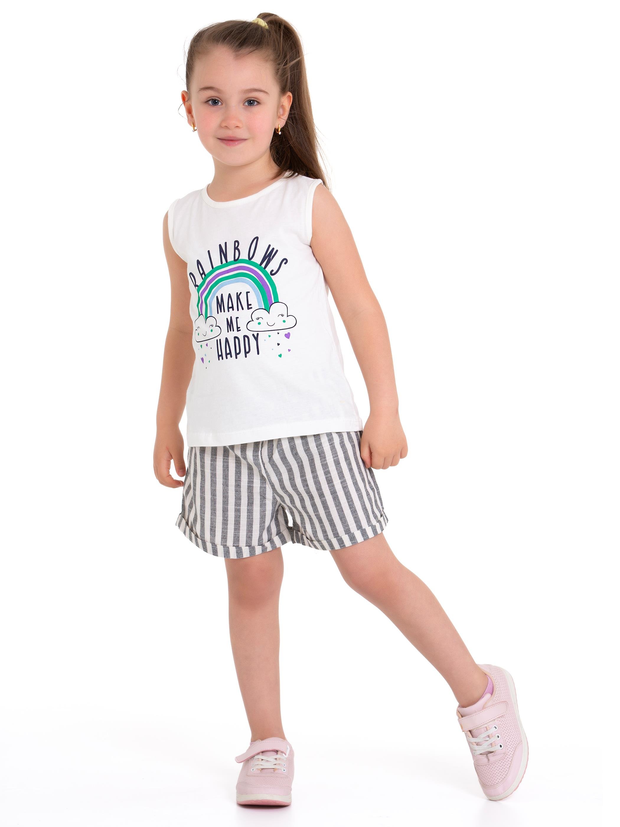 Acar Kids-Bisiklet Yaka Sıfır Kol Raınbows Baskılı Çizgili Ekru Siyah Renk Kız Çocuk Sortlu Takım