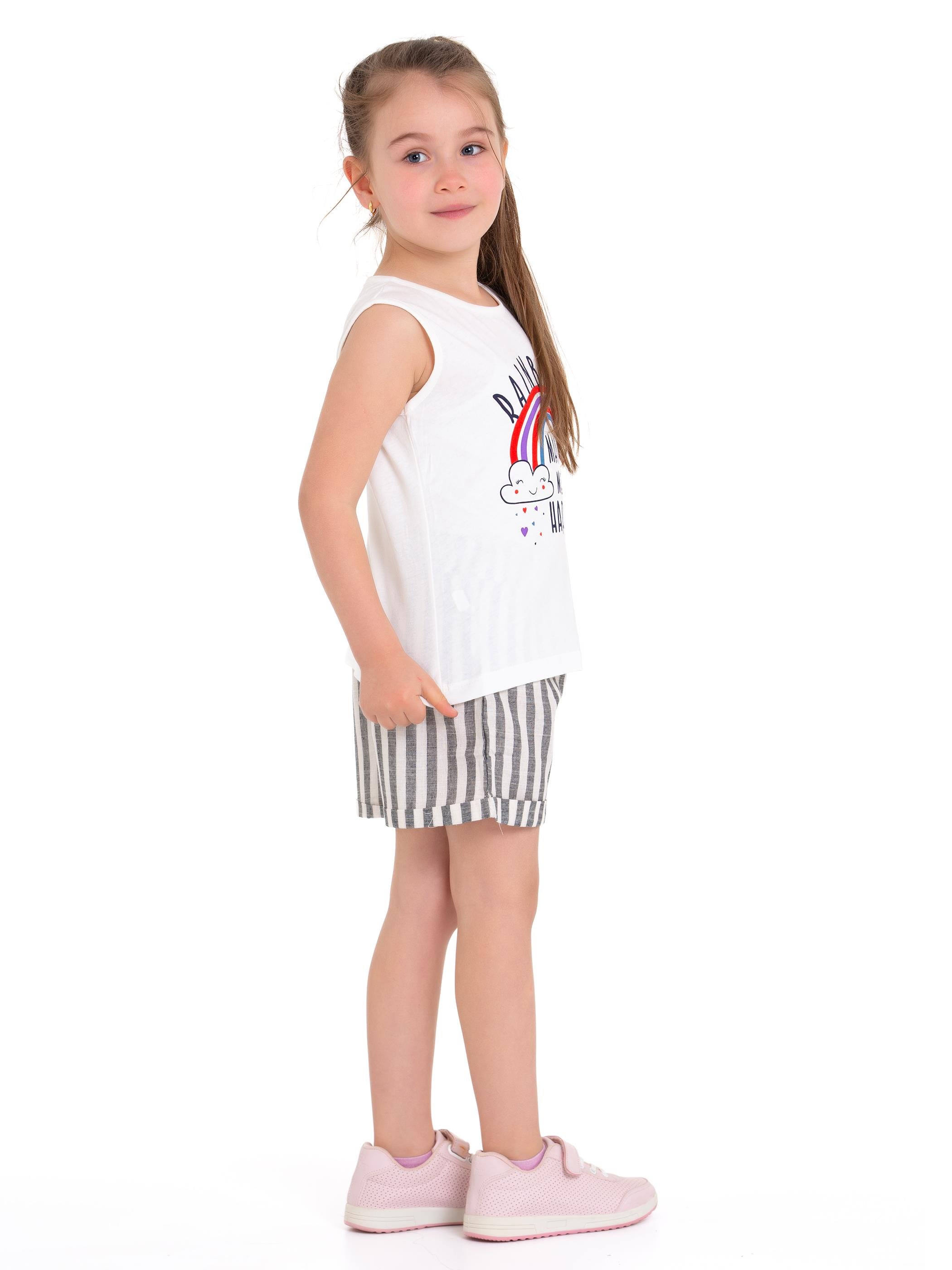 Acar Kids-Bisiklet Yaka Sıfır Kol Raınbows Baskılı Çizgili Ekru Siyah Renk Kız Çocuk Sortlu Takım