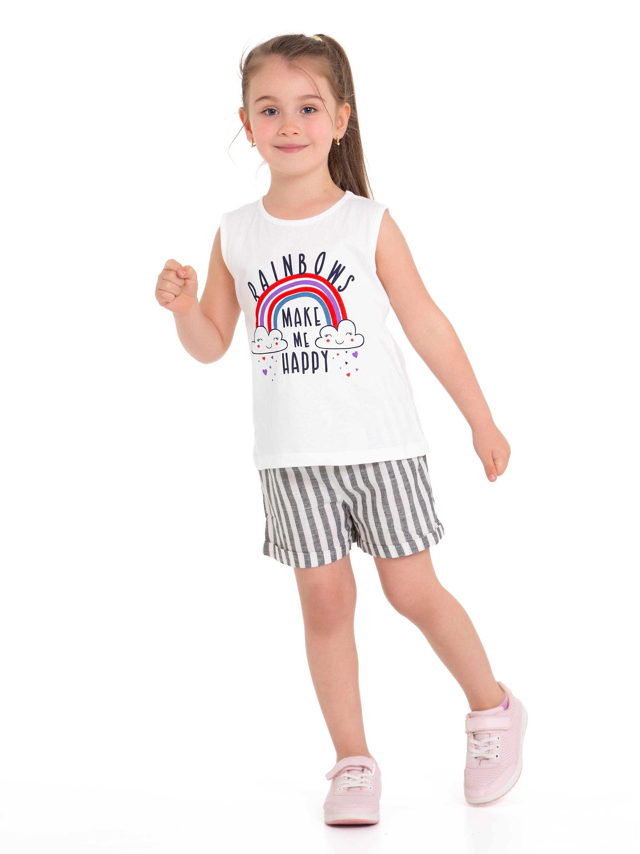 Acar Kids-Bisiklet Yaka Sıfır Kol Raınbows Baskılı Çizgili Ekru Siyah Renk Kız Çocuk Sortlu Takım