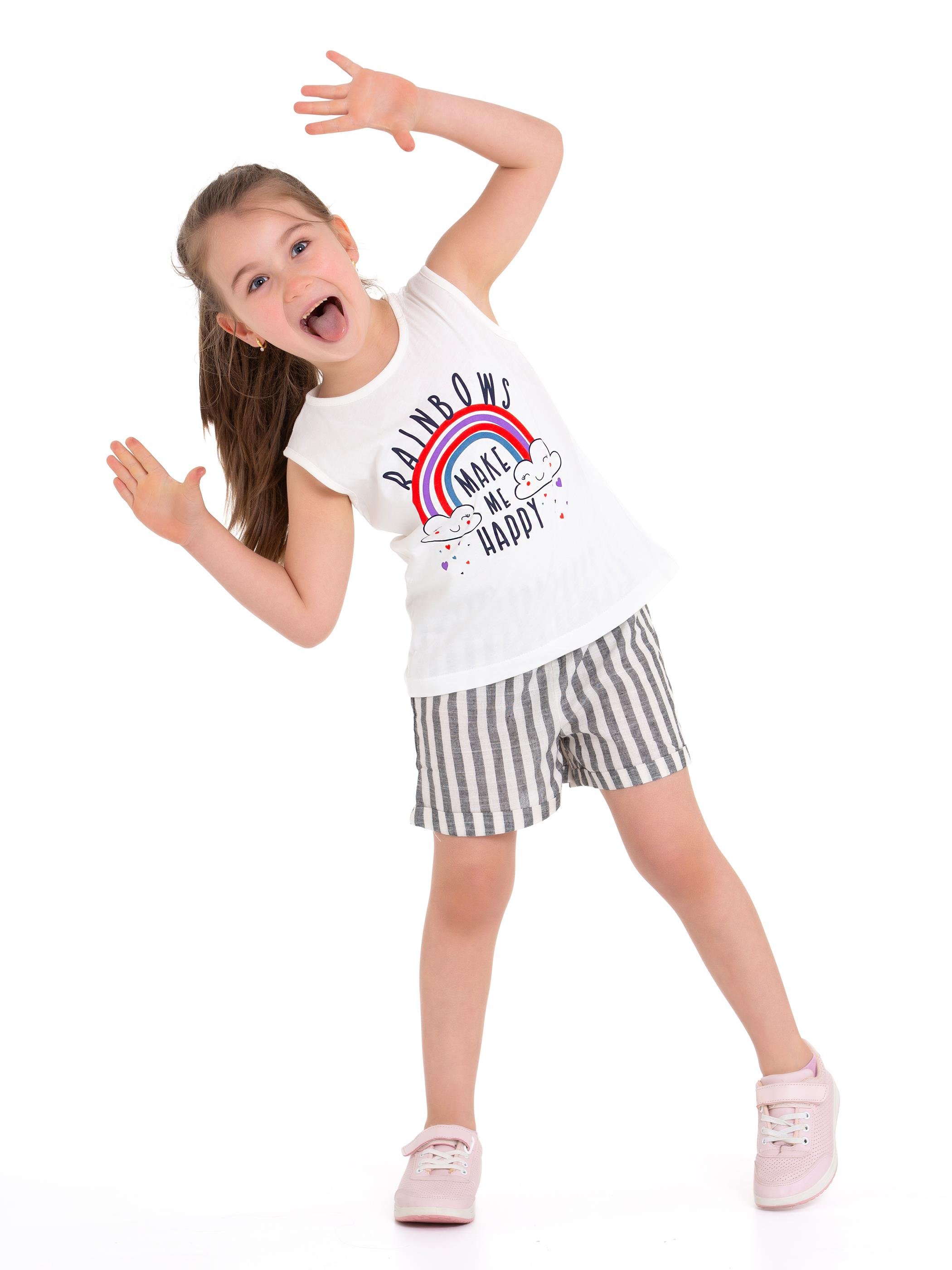 Acar Kids-Bisiklet Yaka Sıfır Kol Raınbows Baskılı Çizgili Ekru Siyah Renk Kız Çocuk Sortlu Takım