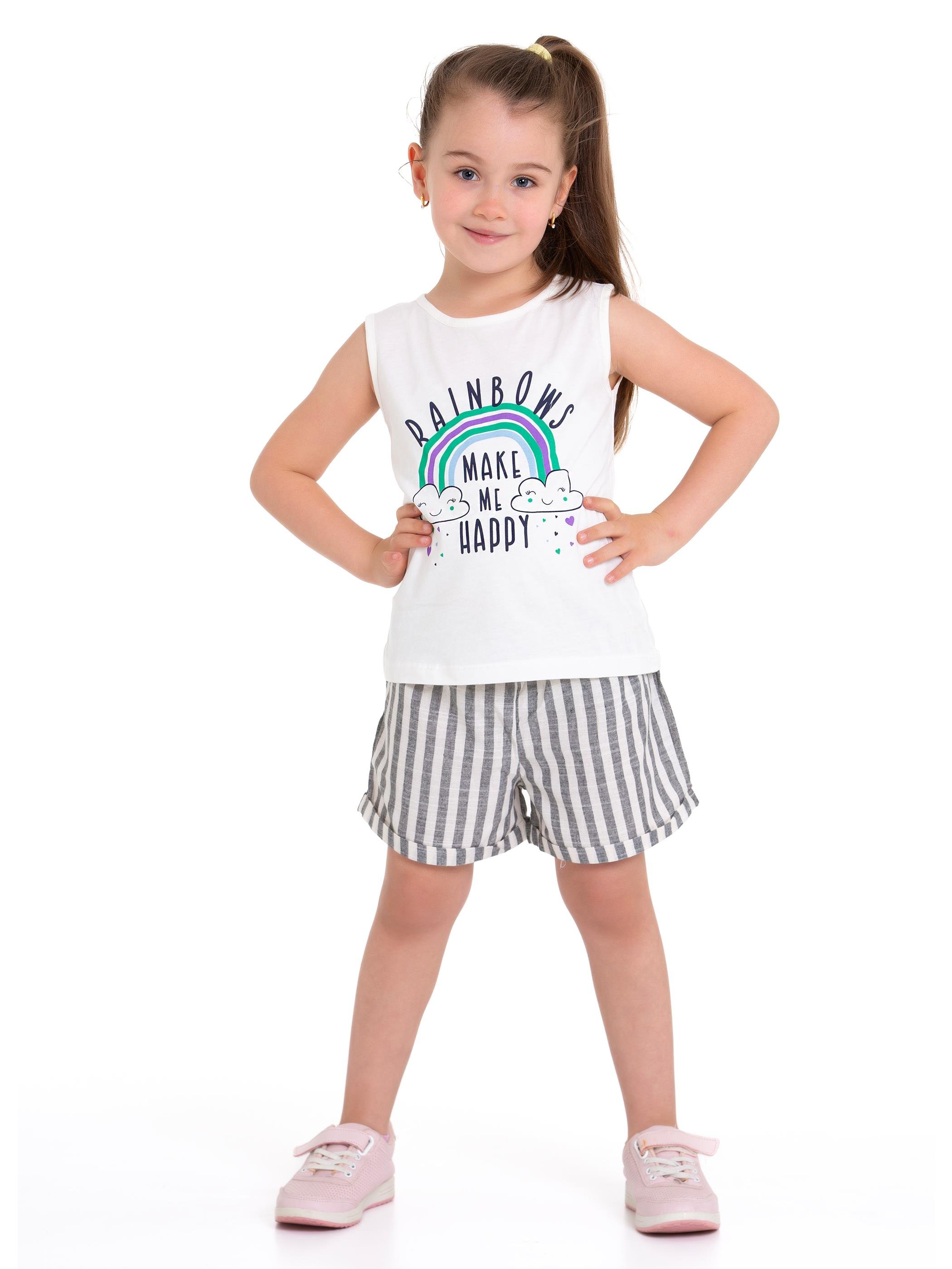 Acar Kids-Bisiklet Yaka Sıfır Kol Raınbows Baskılı Çizgili Ekru Siyah Renk Kız Çocuk Sortlu Takım