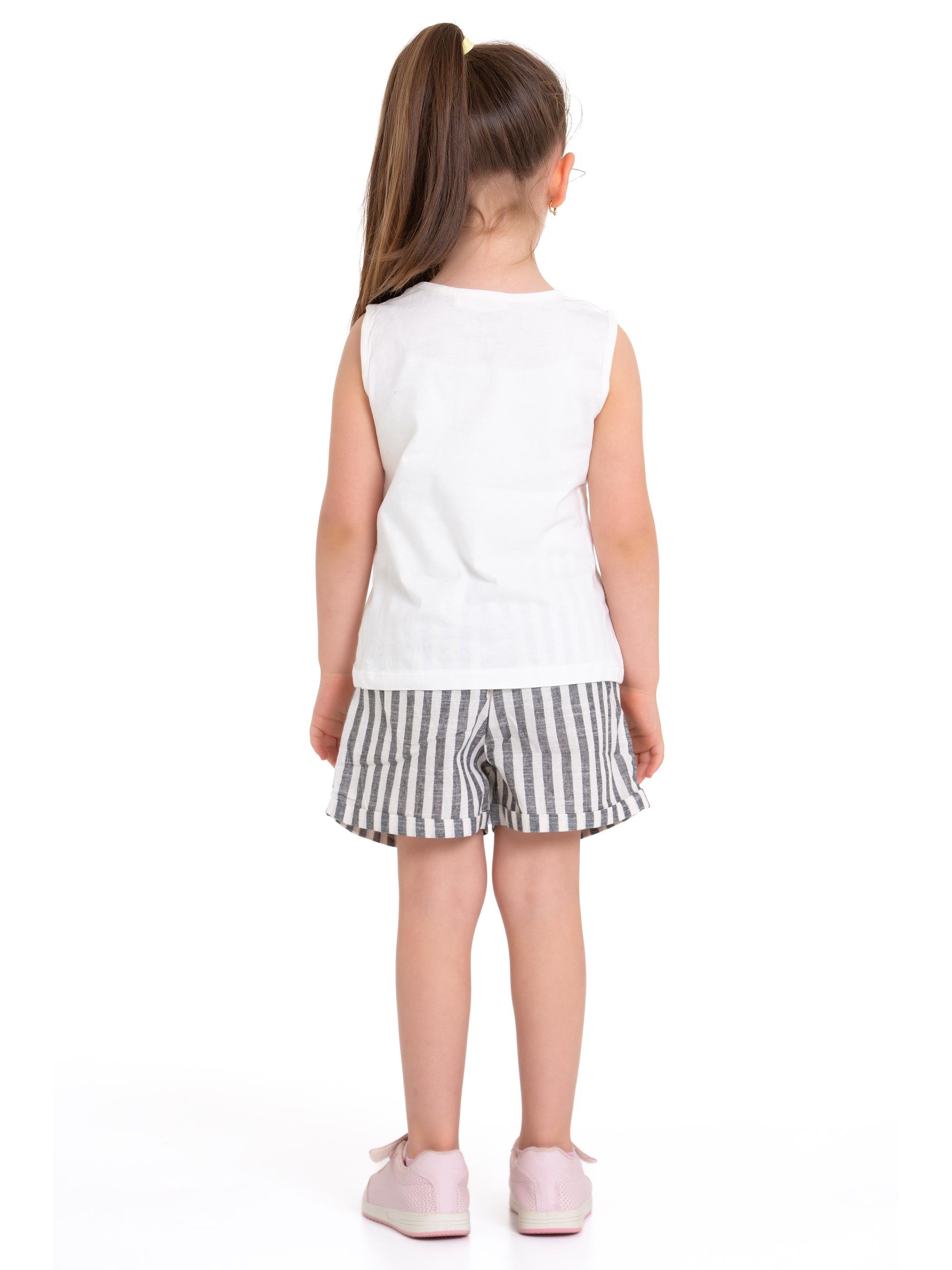Acar Kids-Bisiklet Yaka Sıfır Kol Raınbows Baskılı Çizgili Ekru Siyah Renk Kız Çocuk Sortlu Takım