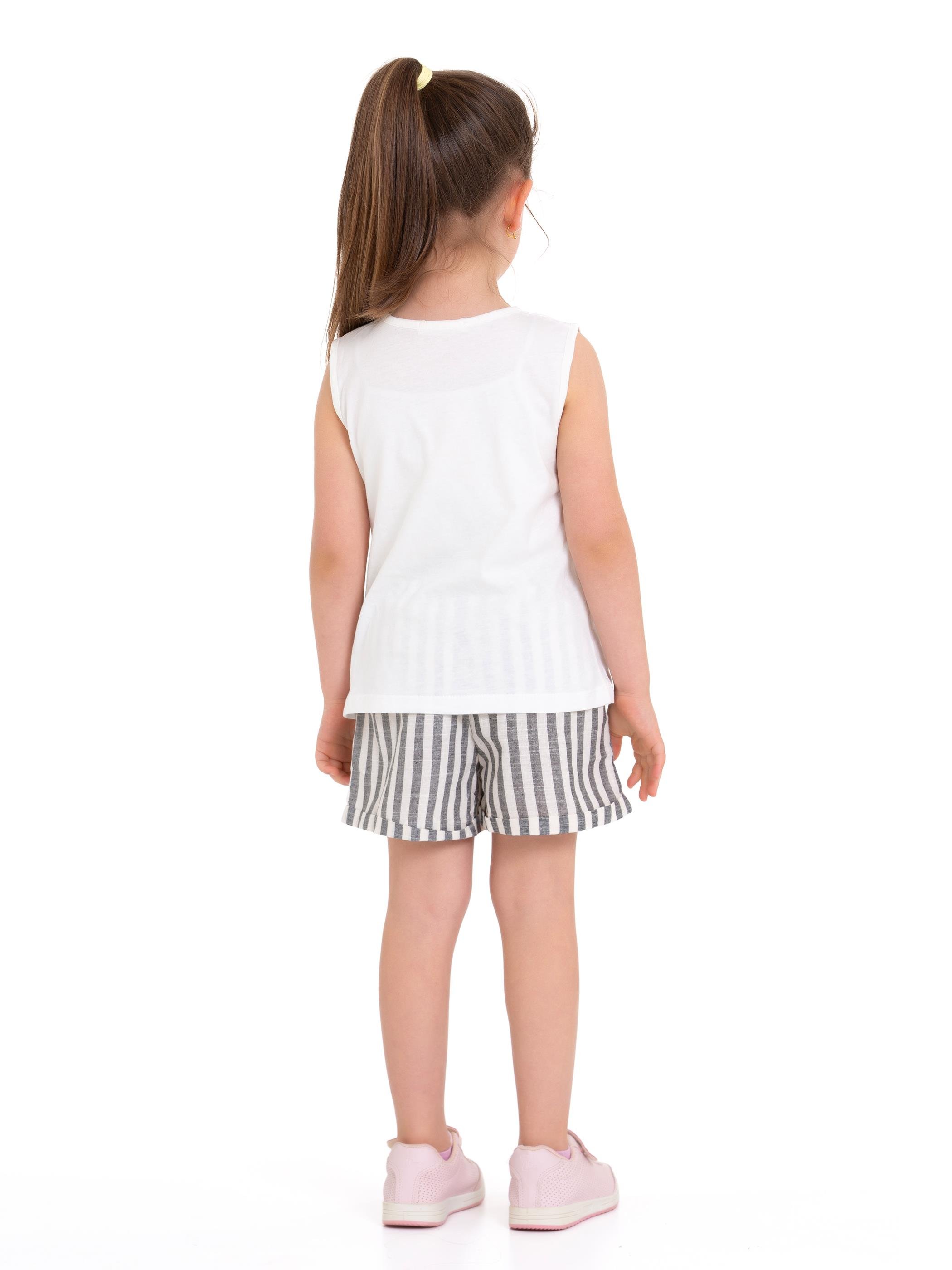 Acar Kids-Bisiklet Yaka Sıfır Kol Raınbows Baskılı Çizgili Ekru Siyah Renk Kız Çocuk Sortlu Takım