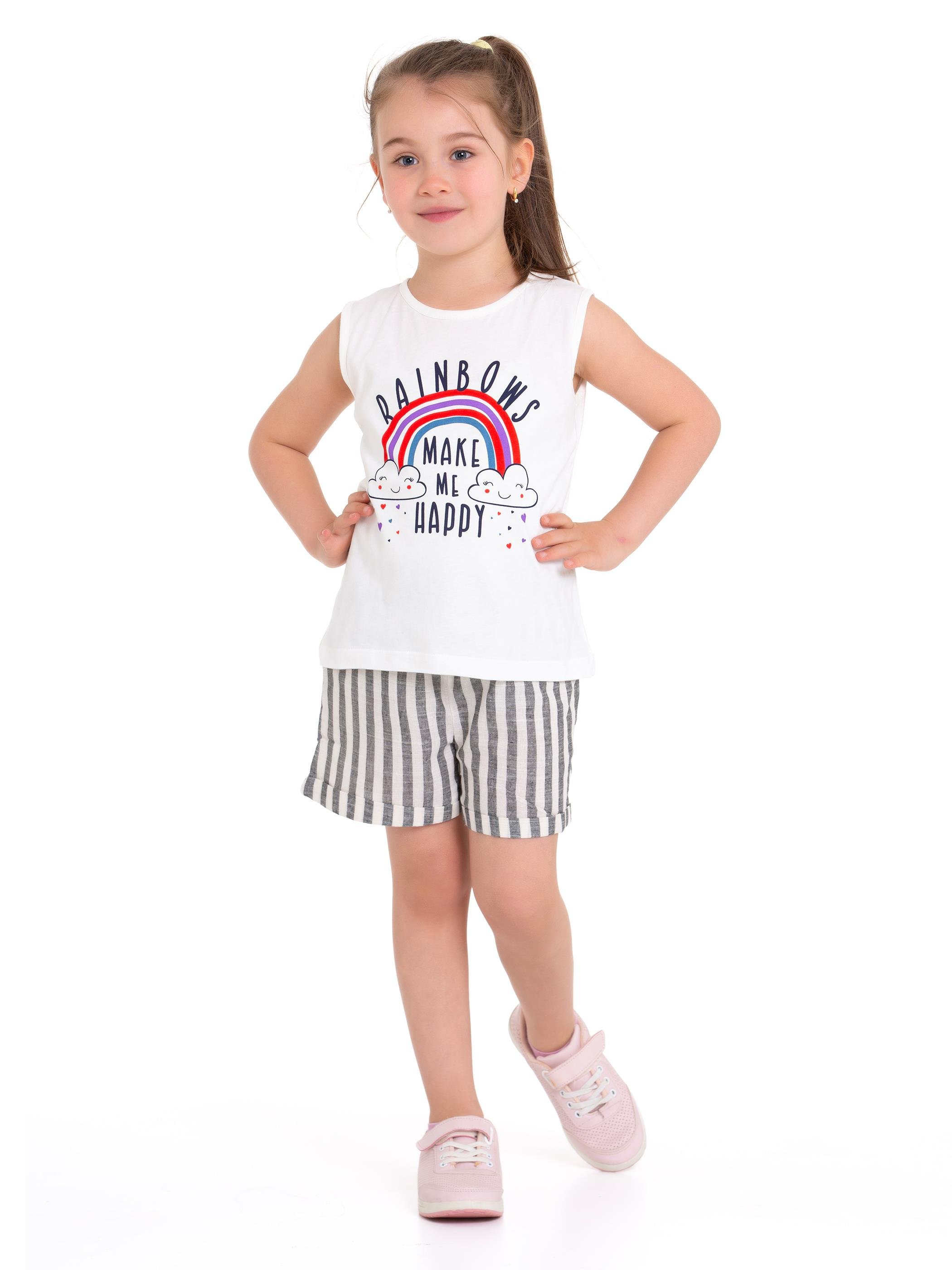 Acar Kids-Bisiklet Yaka Sıfır Kol Raınbows Baskılı Çizgili Ekru Siyah Renk Kız Çocuk Sortlu Takım