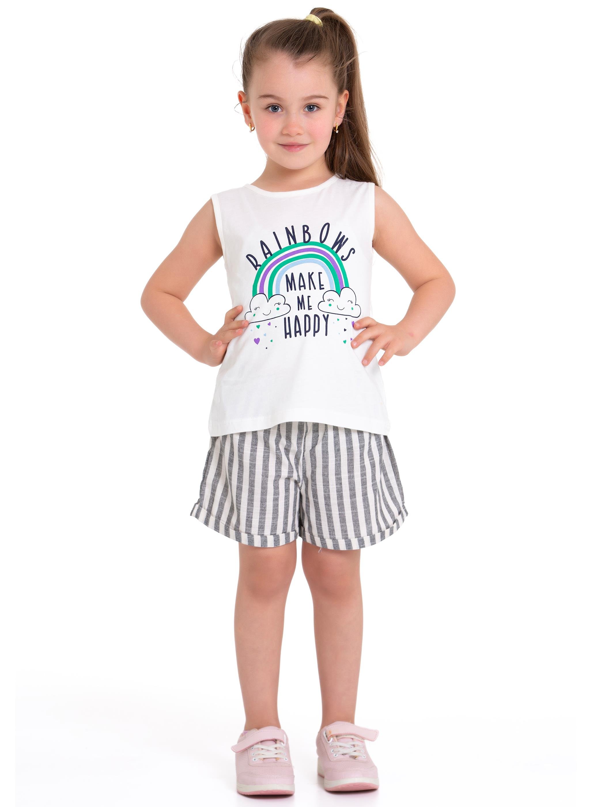 Acar Kids-Bisiklet Yaka Sıfır Kol Raınbows Baskılı Çizgili Ekru Siyah Renk Kız Çocuk Sortlu Takım