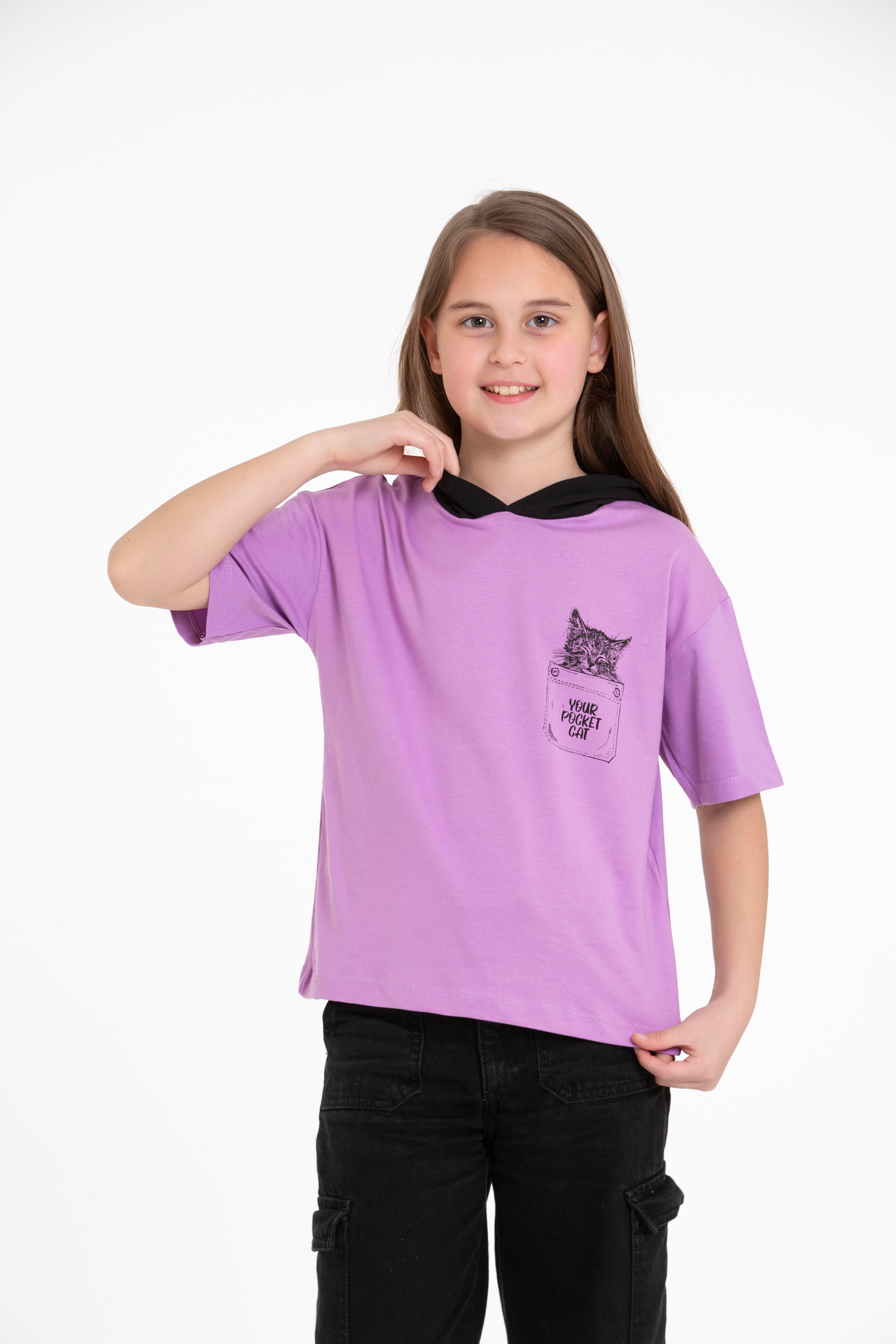 Acar Kids-Kapüşonlu Kısa Kol Your Pocket Cat Baskılı Lila Renk Kız Çocuk Tshirt