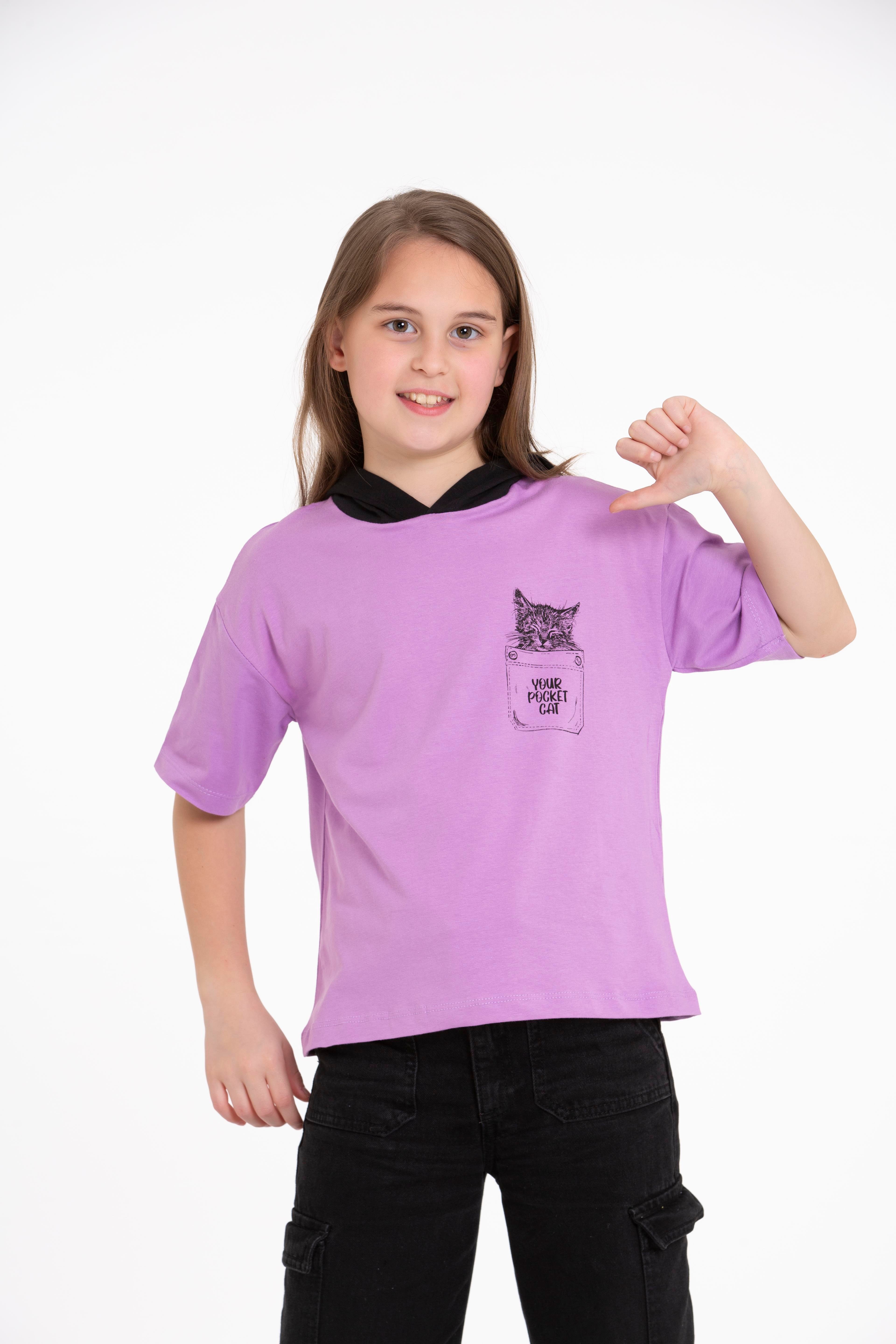 Acar Kids-Kapüşonlu Kısa Kol Your Pocket Cat Baskılı Lila Renk Kız Çocuk Tshirt