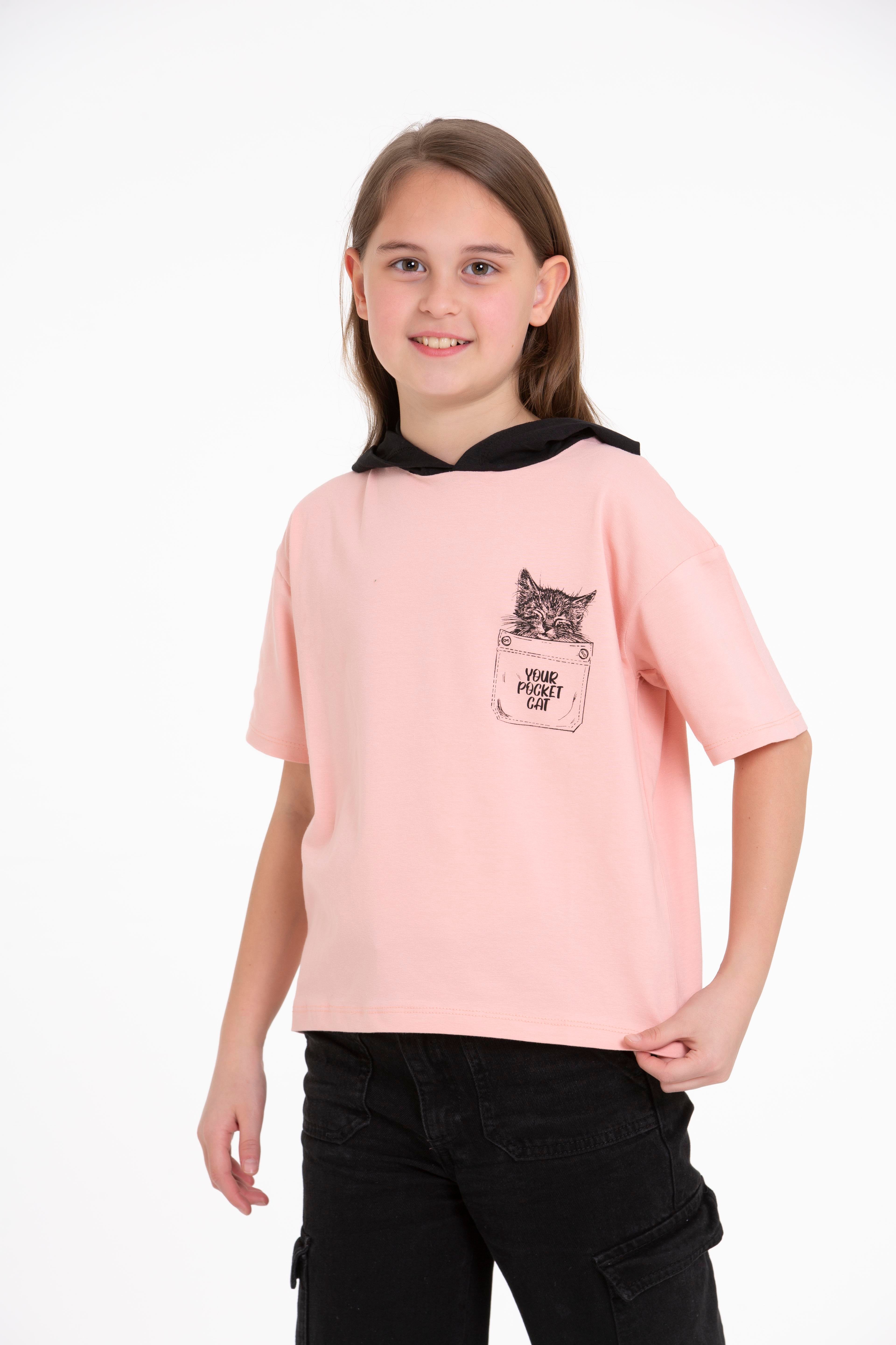 Acar Kids-Kapüşonlu Kısa Kol Your Pocket Cat Baskılı Somon Renk Kız Çocuk Tshirt