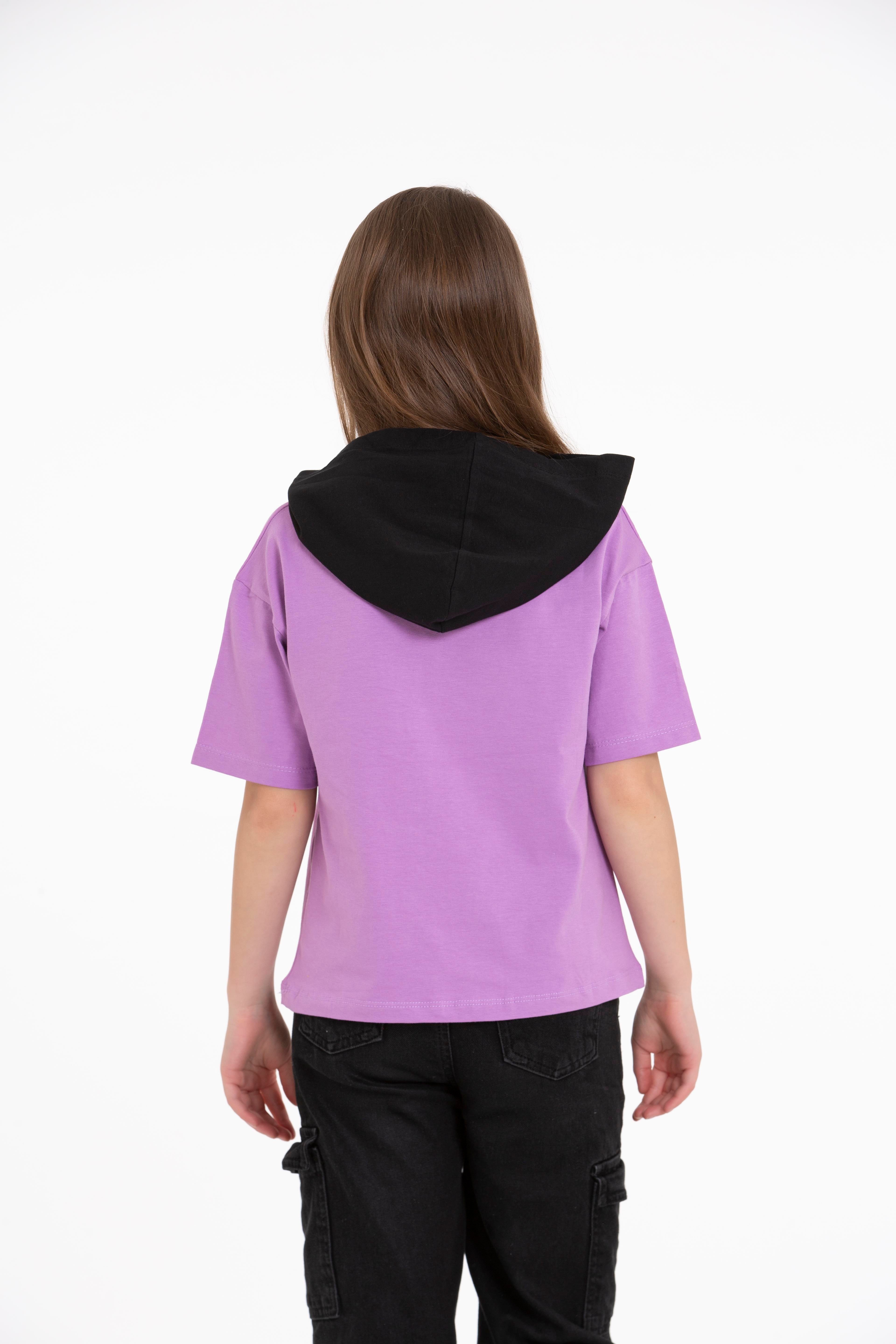 Acar Kids-Kapüşonlu Kısa Kol Your Pocket Cat Baskılı Lila Renk Kız Çocuk Tshirt