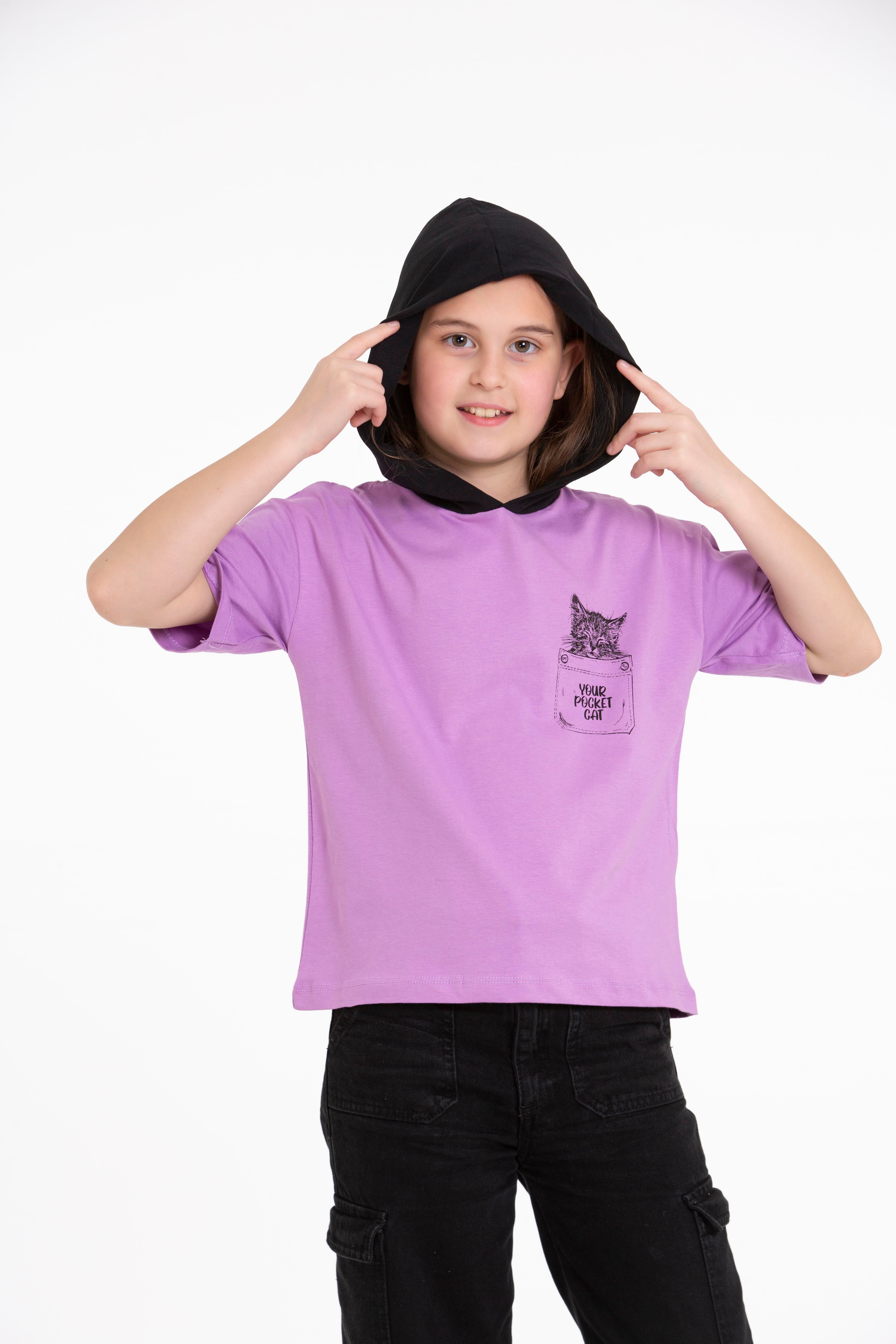 Acar Kids-Kapüşonlu Kısa Kol Your Pocket Cat Baskılı Lila Renk Kız Çocuk Tshirt