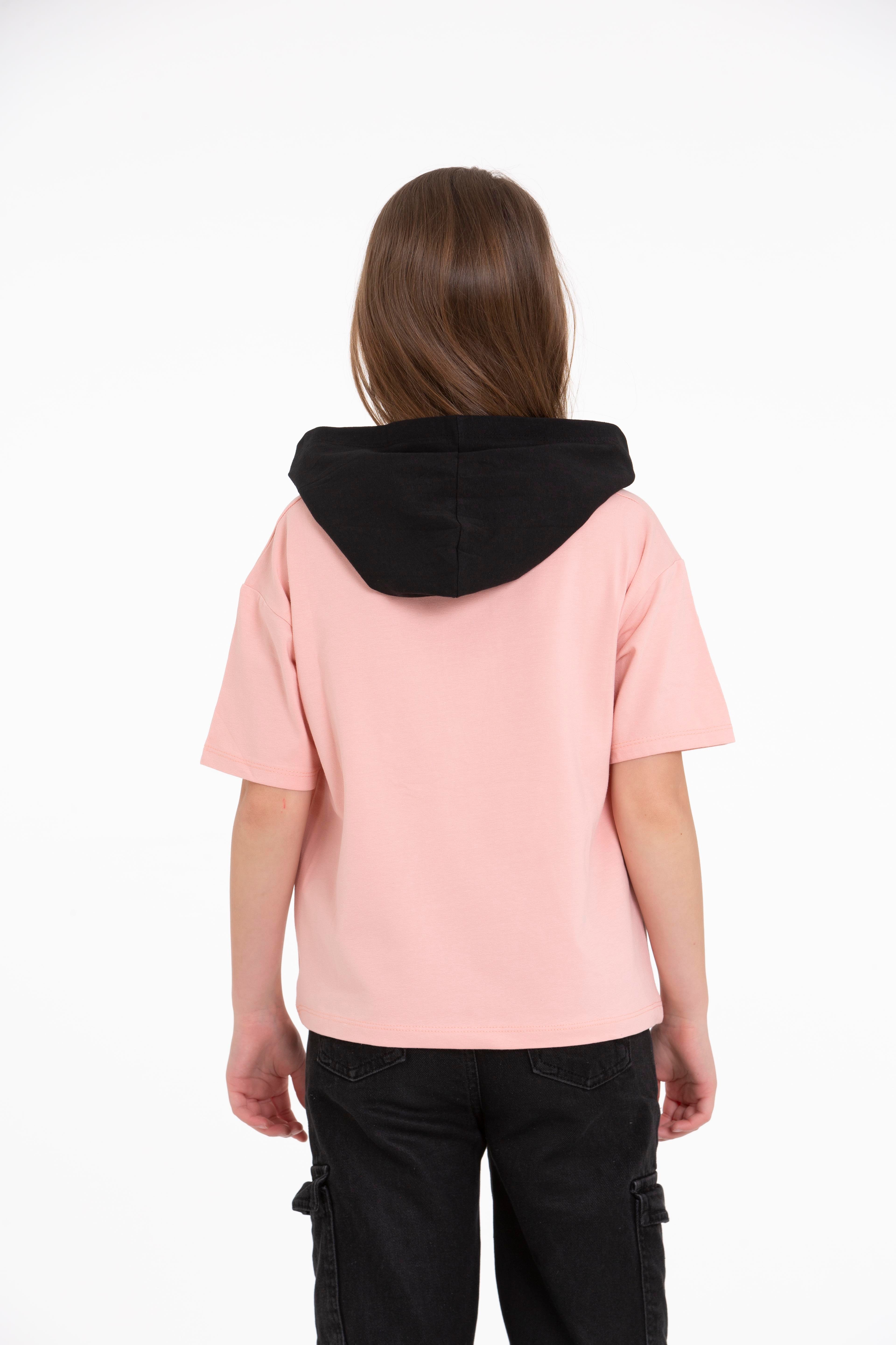 Acar Kids-Kapüşonlu Kısa Kol Your Pocket Cat Baskılı Somon Renk Kız Çocuk Tshirt