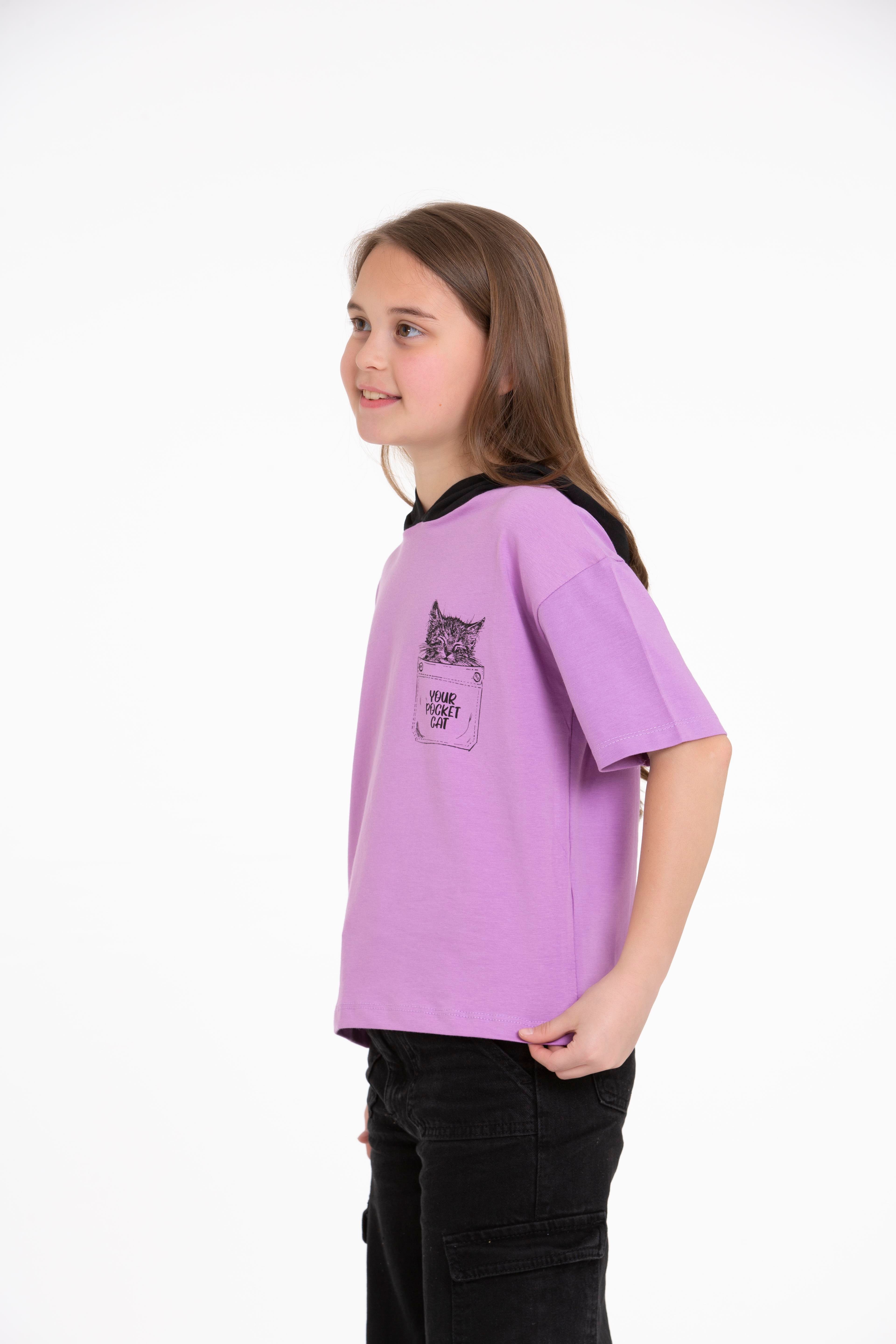 Acar Kids-Kapüşonlu Kısa Kol Your Pocket Cat Baskılı Lila Renk Kız Çocuk Tshirt