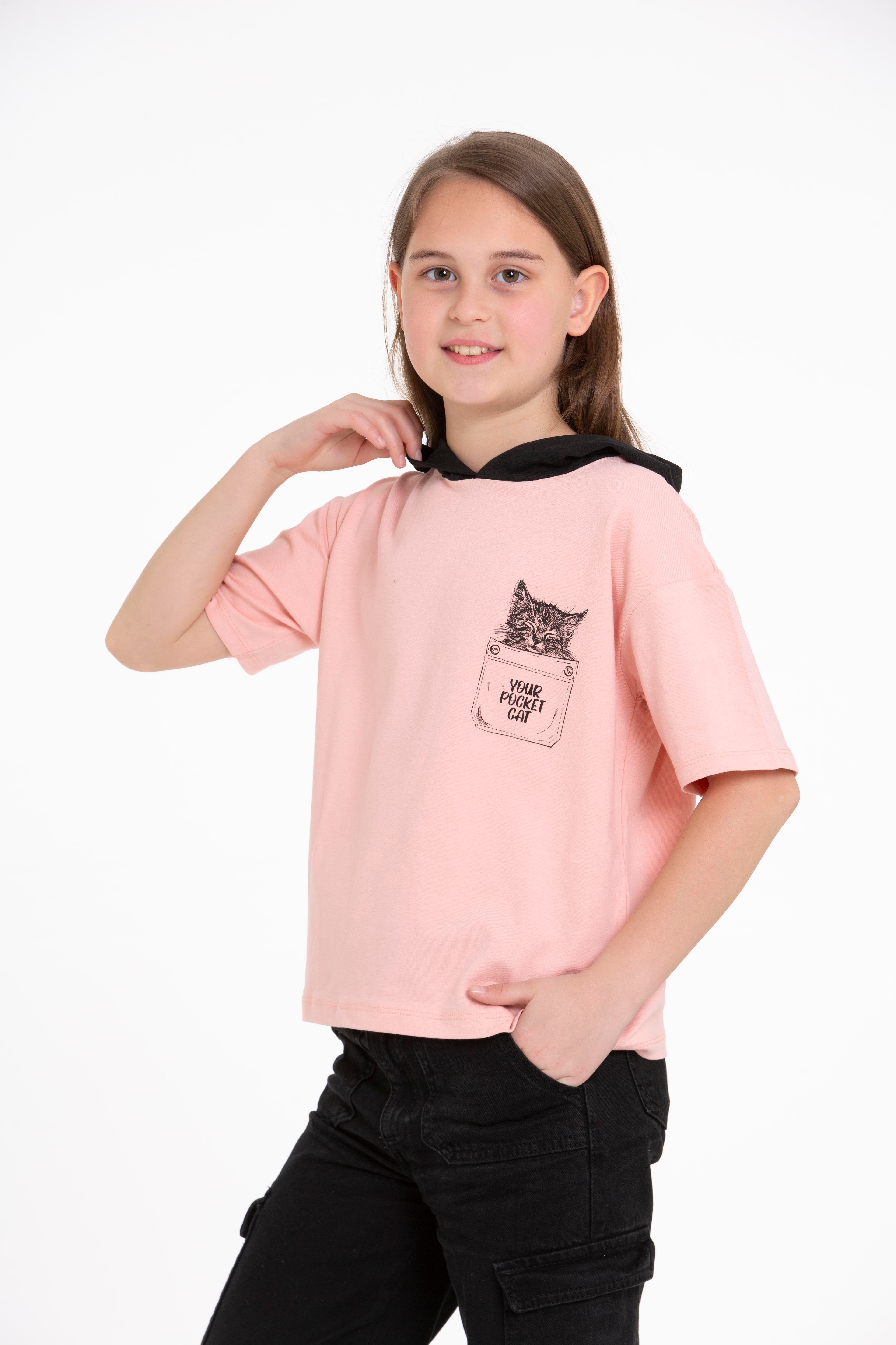 Acar Kids-Kapüşonlu Kısa Kol Your Pocket Cat Baskılı Somon Renk Kız Çocuk Tshirt