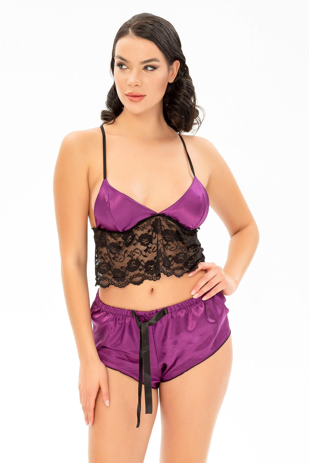 Askılı Sıfır Kol Mor Renk Kadın Fantezi Gecelık