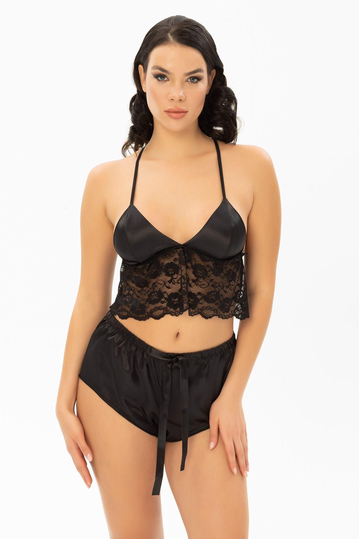 Askılı Sıfır Kol Siyah Renk Kadın Fantezi Gecelık