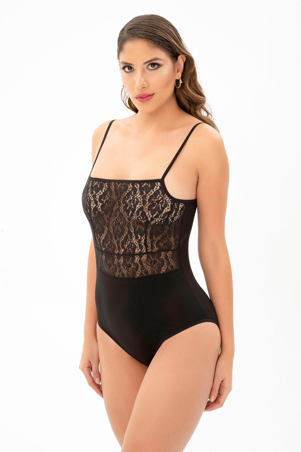 Kare Yaka Sıfır Kol Siyah Renk Kadın Babydoll