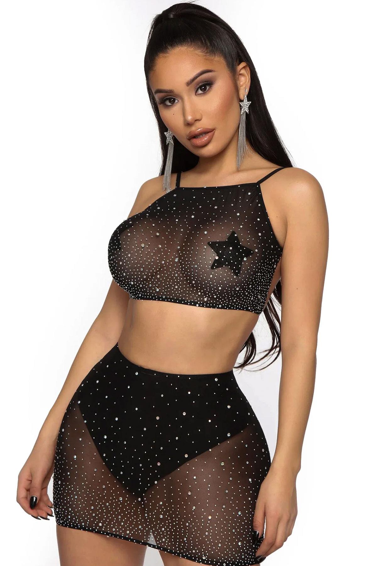 Sımlı Siyah Renk Kadın Fantezı Gecelık