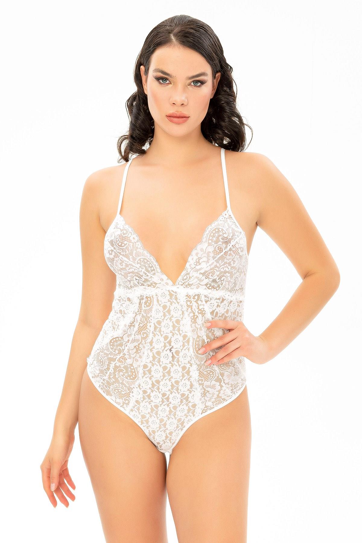 V Yaka Sıfır Kol Beyaz Renk Kadın Babydoll