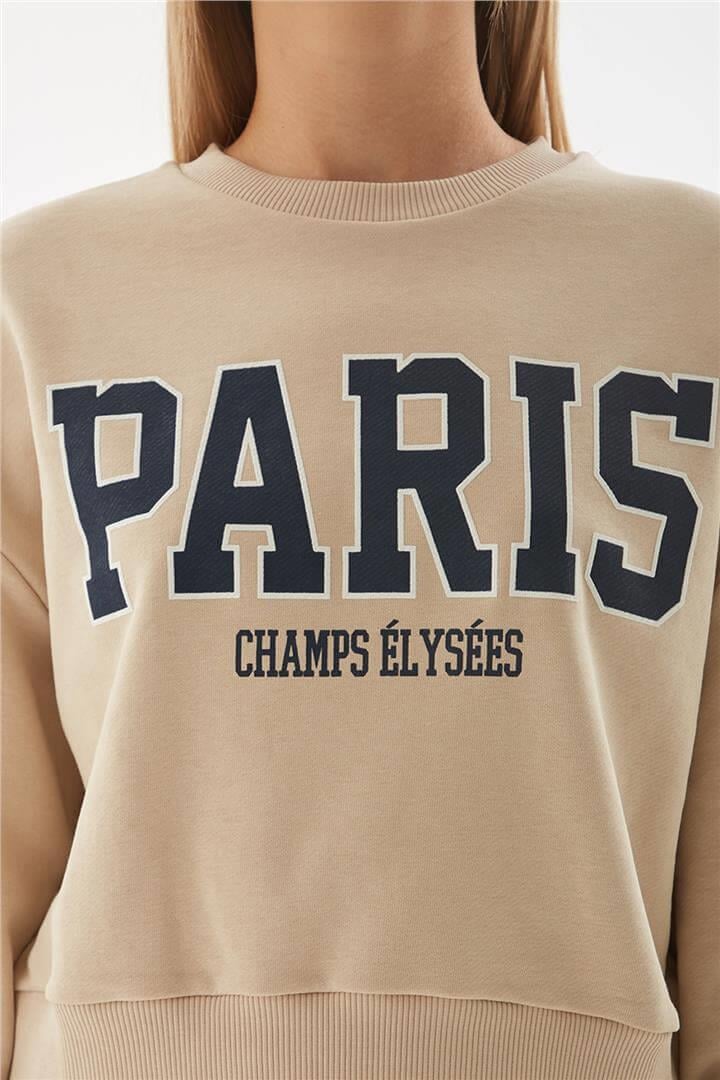 Baskılı Crop Sweat Bej | Fashion Friends