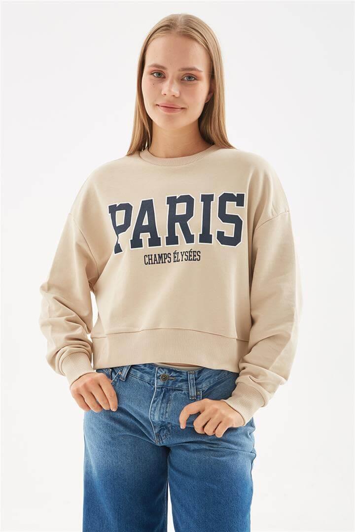 Baskılı Crop Sweat Bej | Fashion Friends