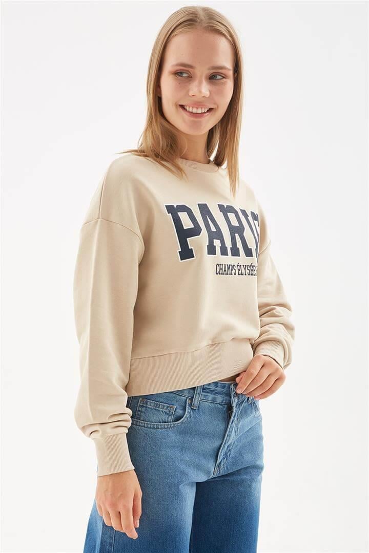 Baskılı Crop Sweat Bej | Fashion Friends
