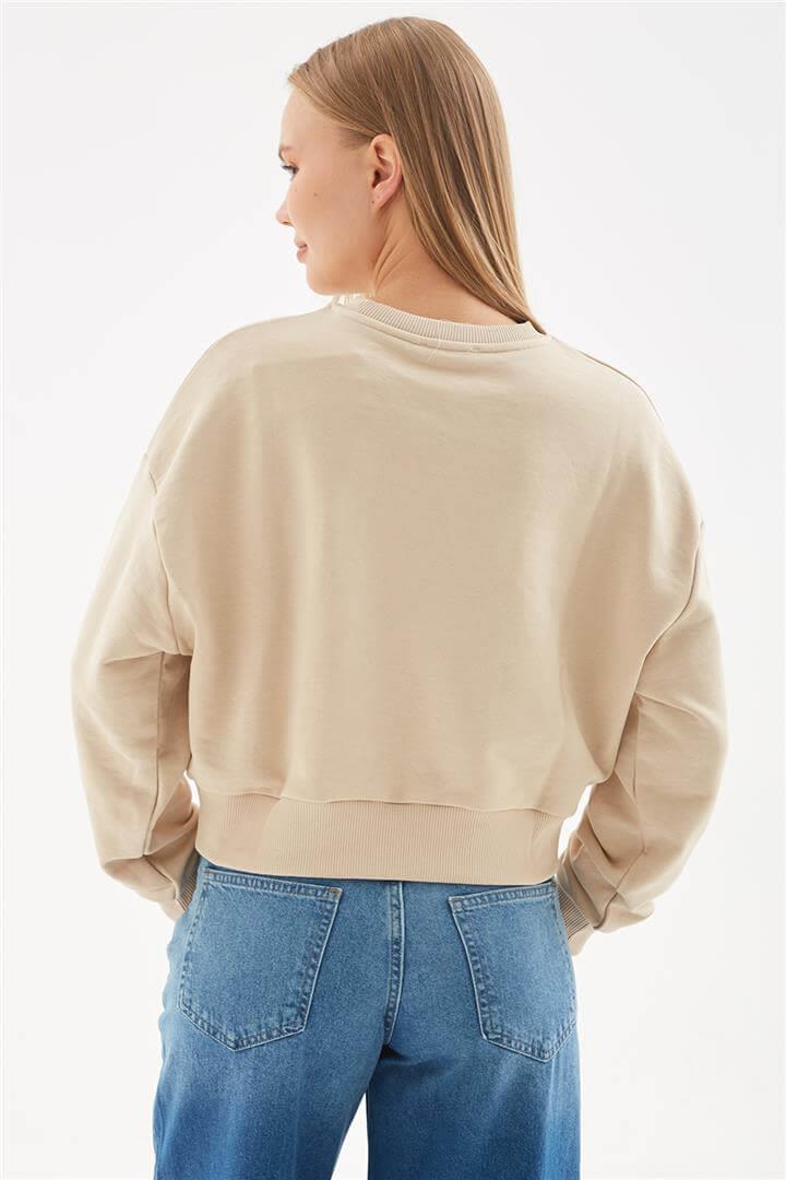 Baskılı Crop Sweat Bej | Fashion Friends