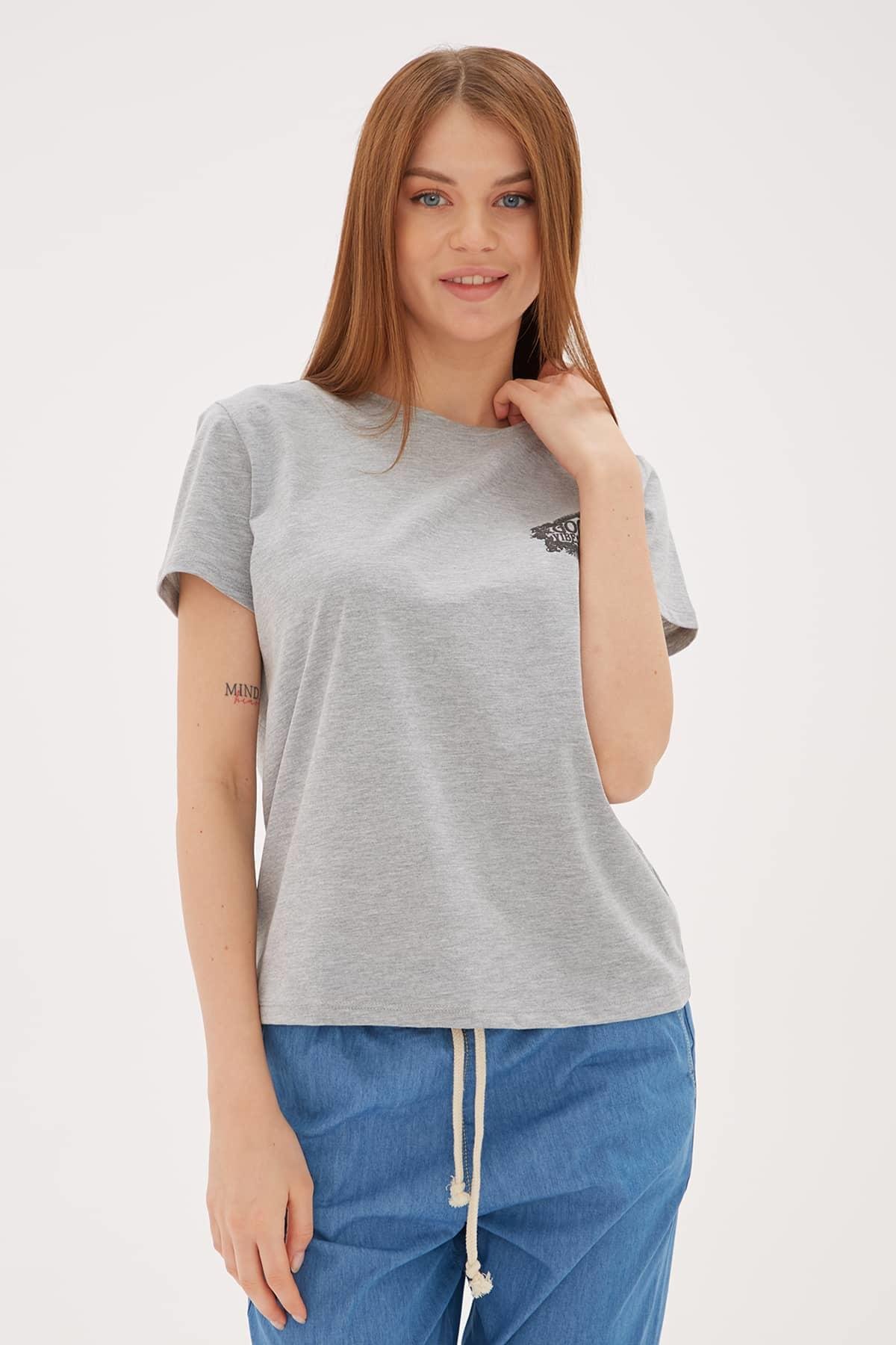Baskılı T-Shirt Gri Melanj | Fashion Friends