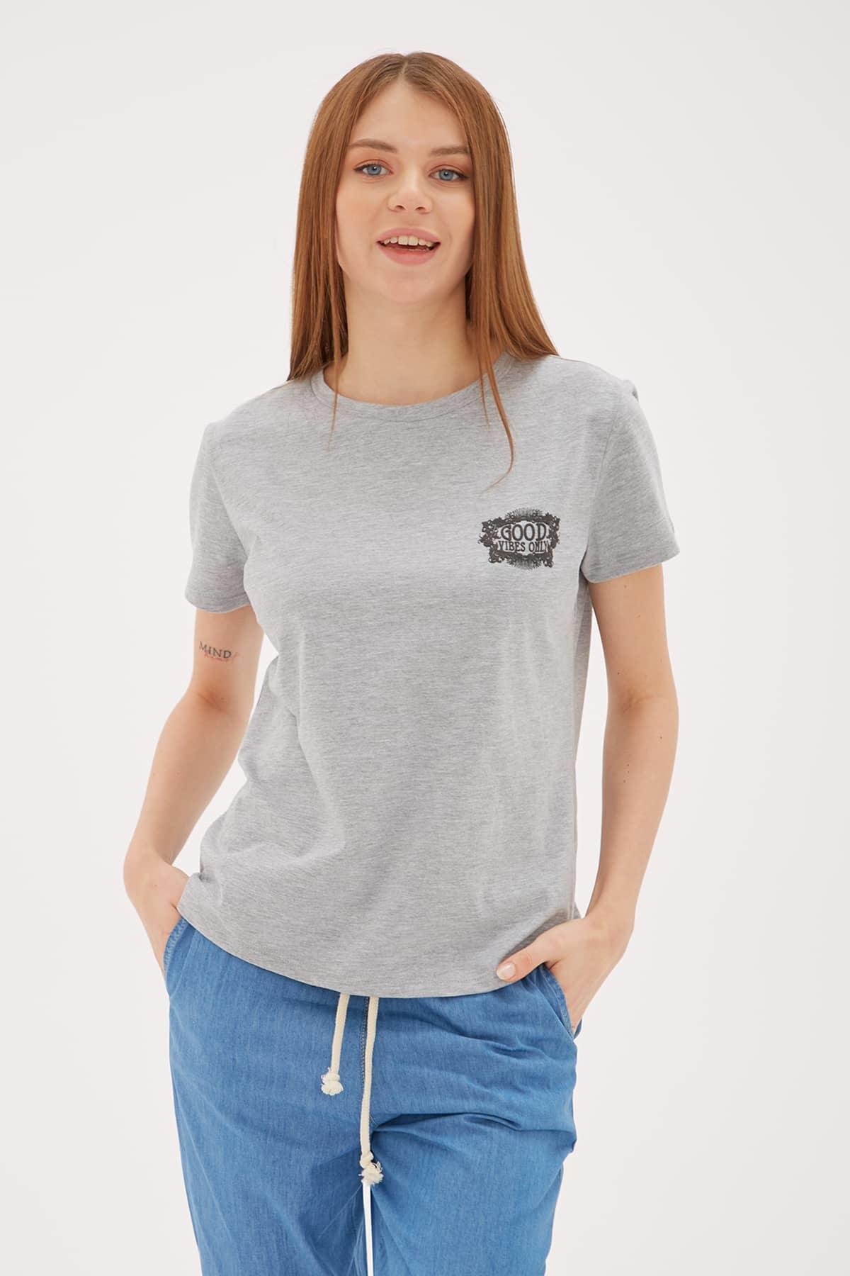 Baskılı T-Shirt Gri Melanj | Fashion Friends