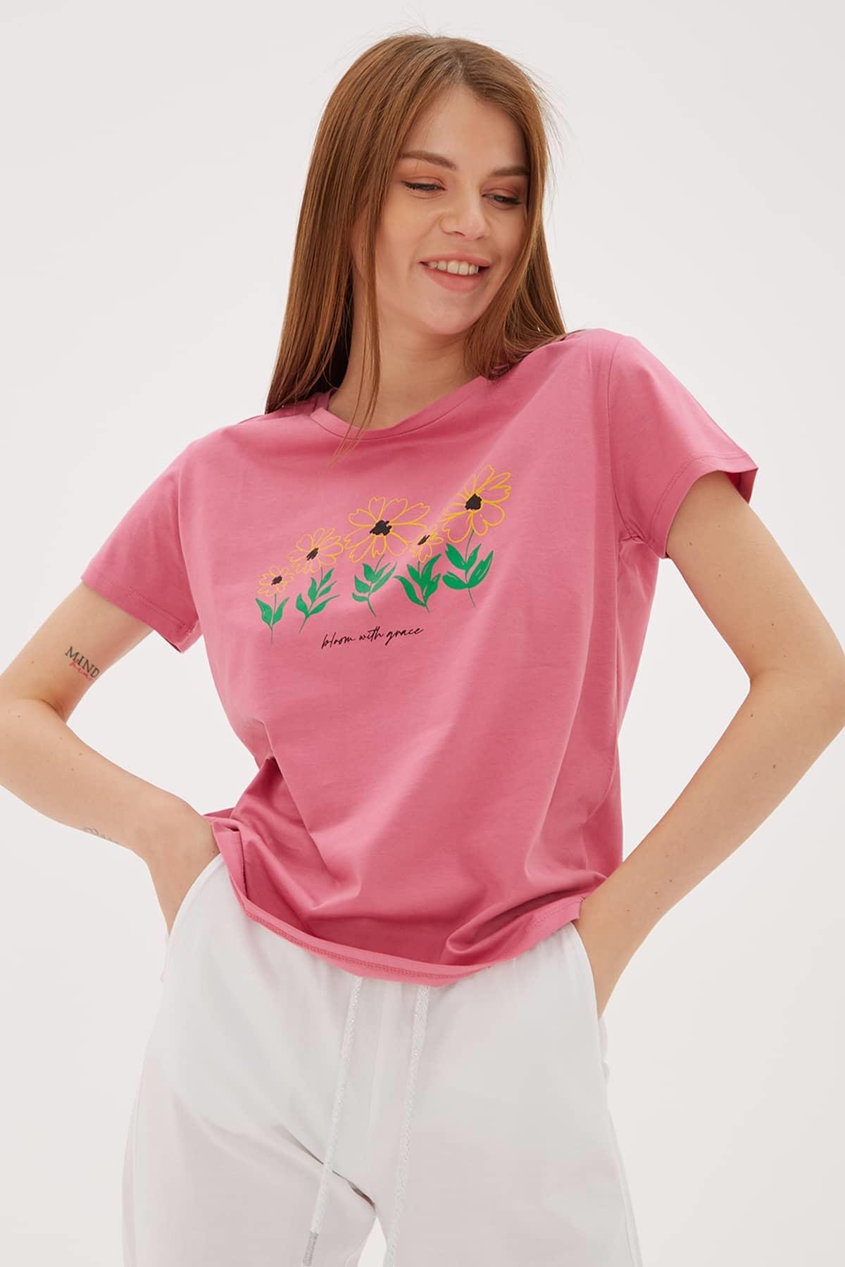 Baskılı T-Shirt Gül Kurusu | Fashion Friends