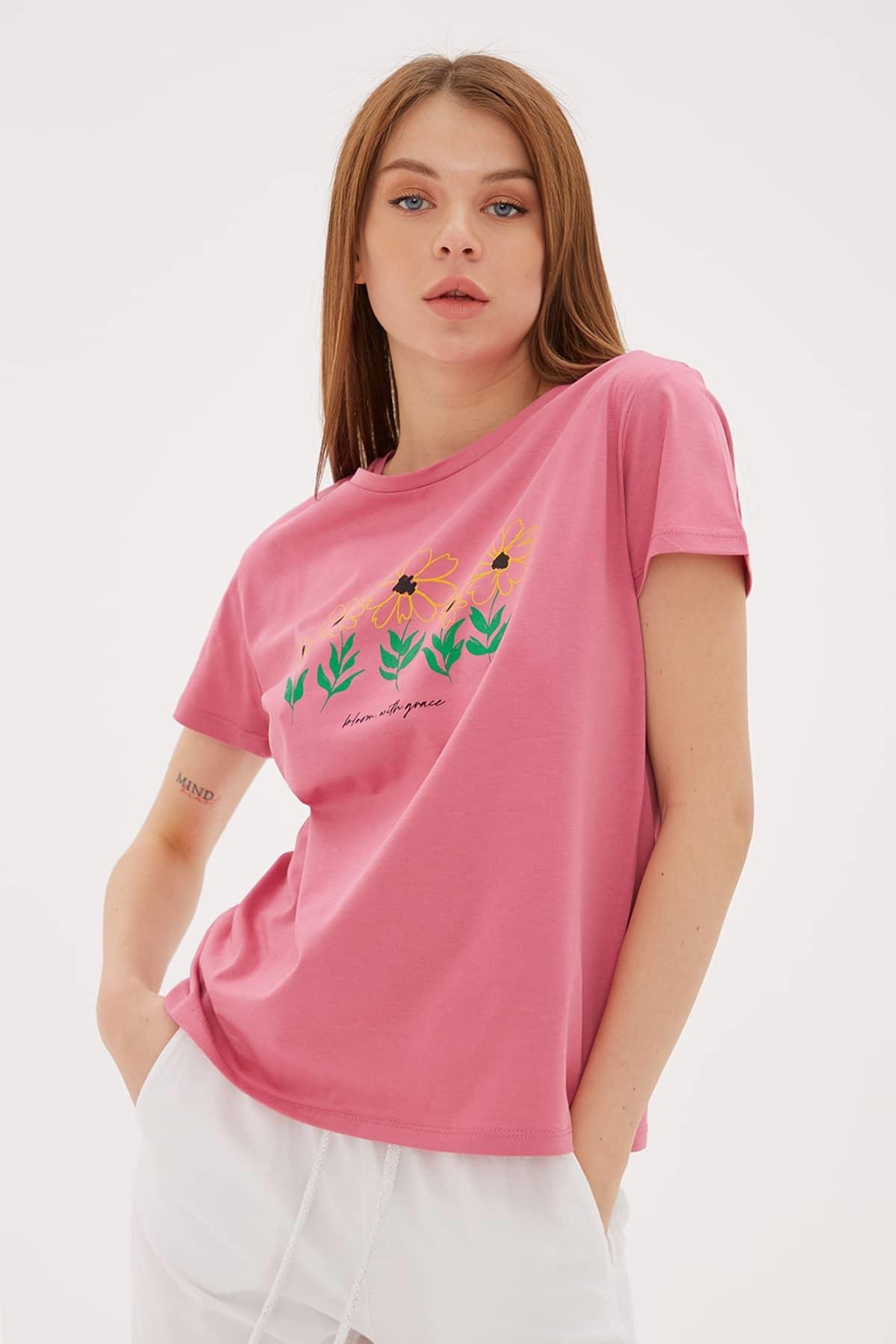 Baskılı T-Shirt Gül Kurusu | Fashion Friends