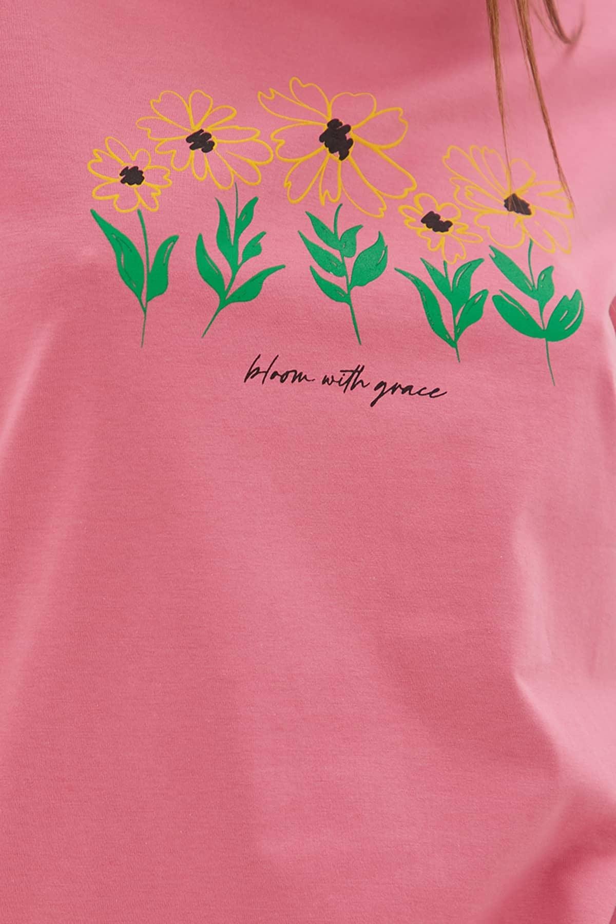Baskılı T-Shirt Gül Kurusu | Fashion Friends