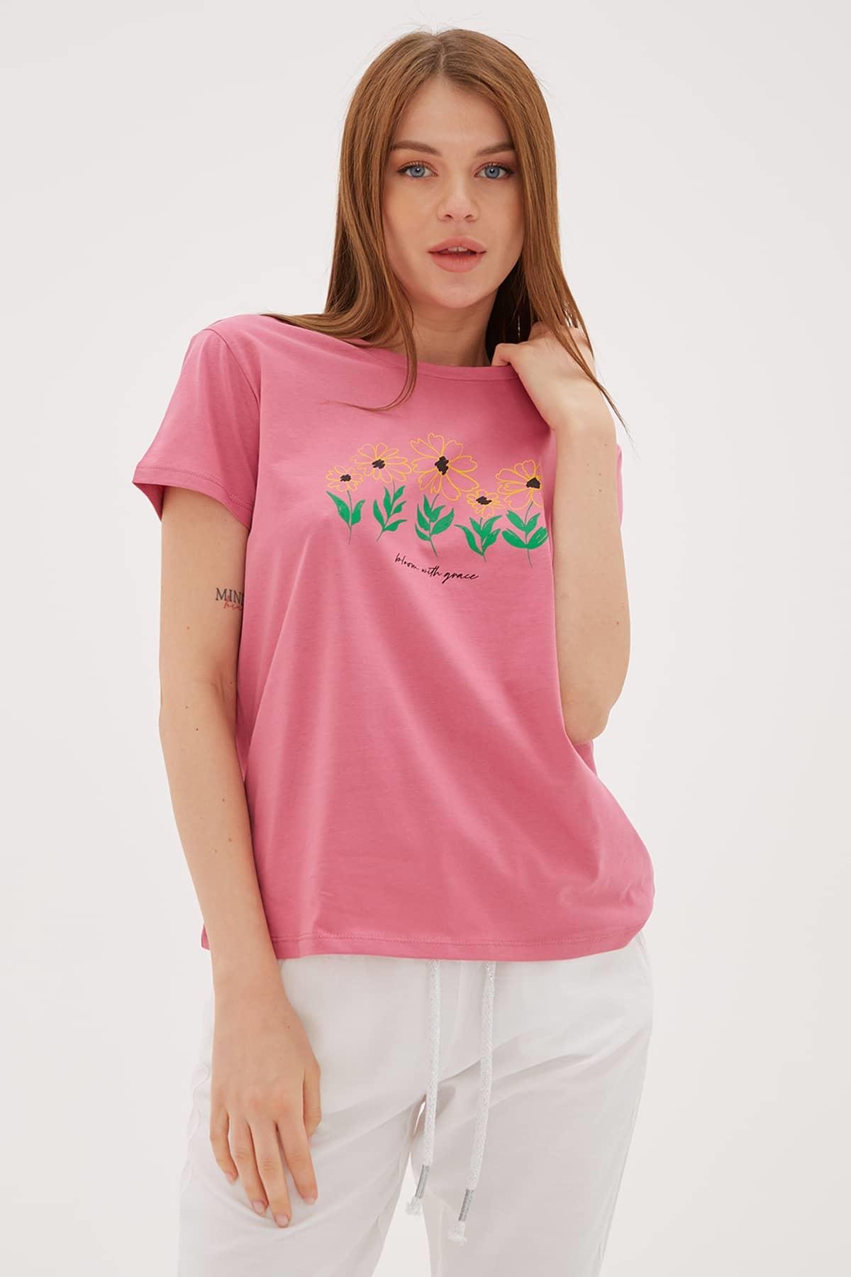 Baskılı T-Shirt Gül Kurusu | Fashion Friends