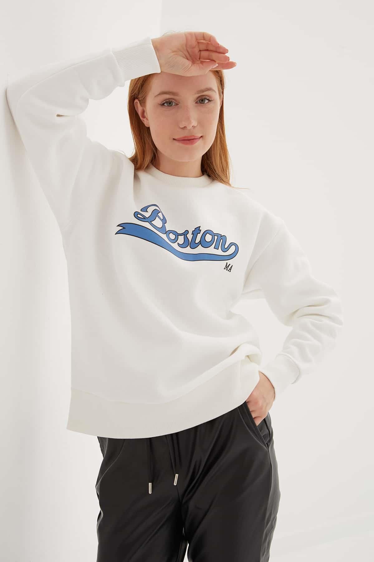 Bisiklet Yaka Baskılı Sweat Ekru | Fashion Friends