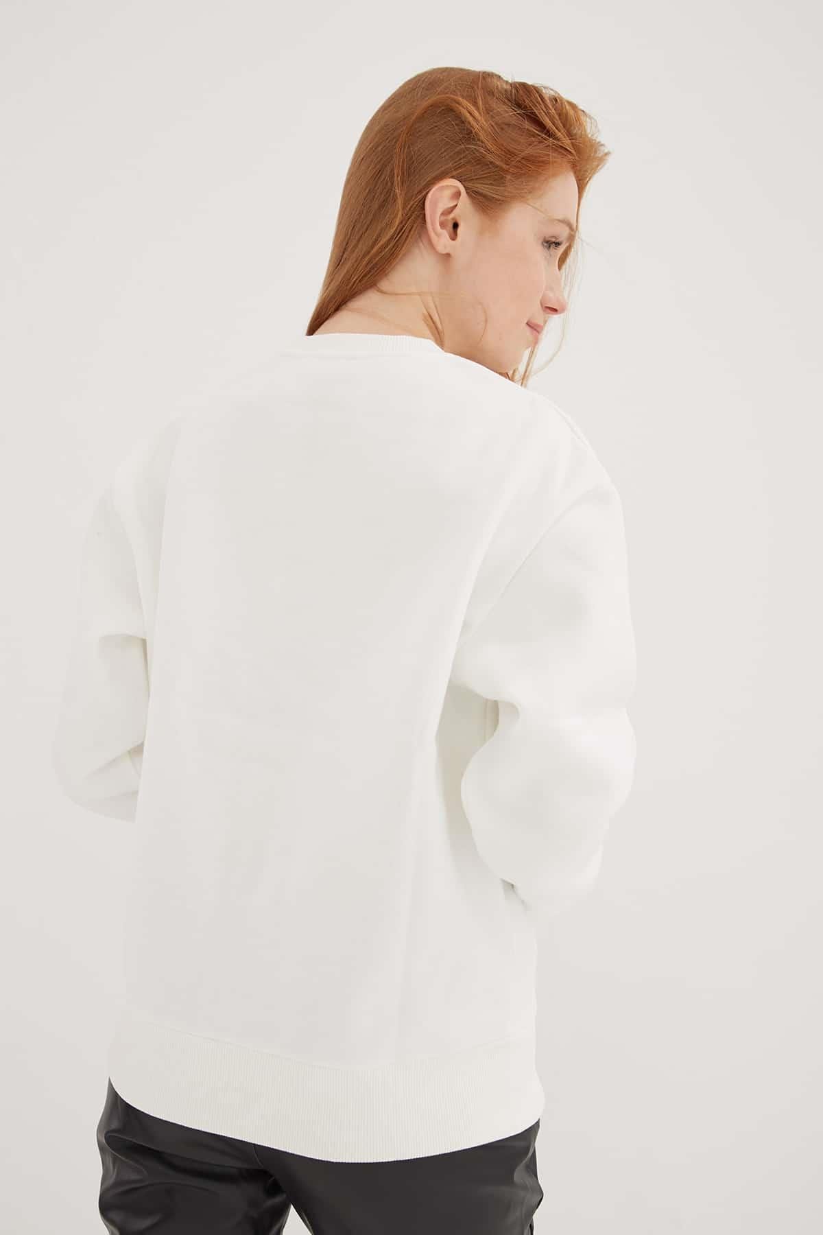 Bisiklet Yaka Baskılı Sweat Ekru | Fashion Friends