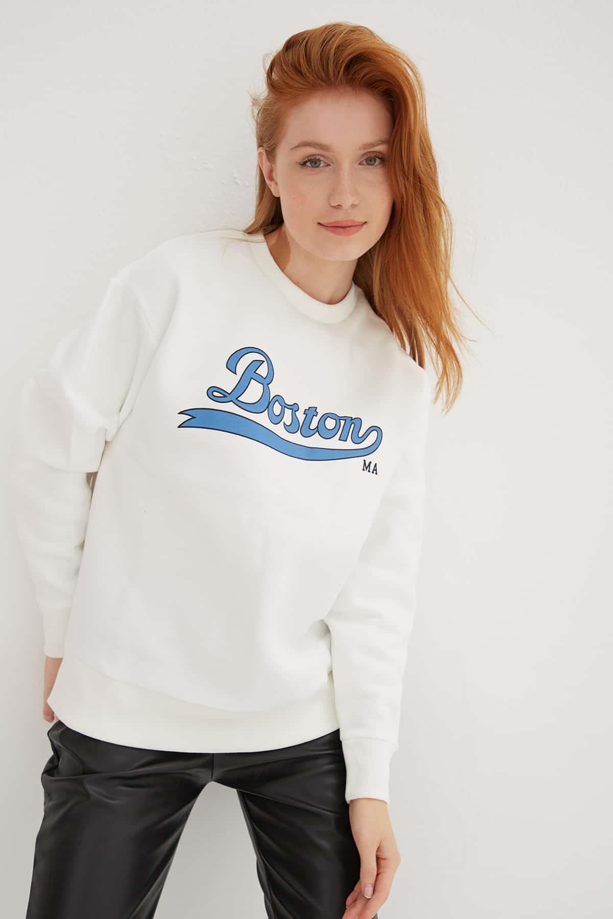 Bisiklet Yaka Baskılı Sweat Ekru | Fashion Friends