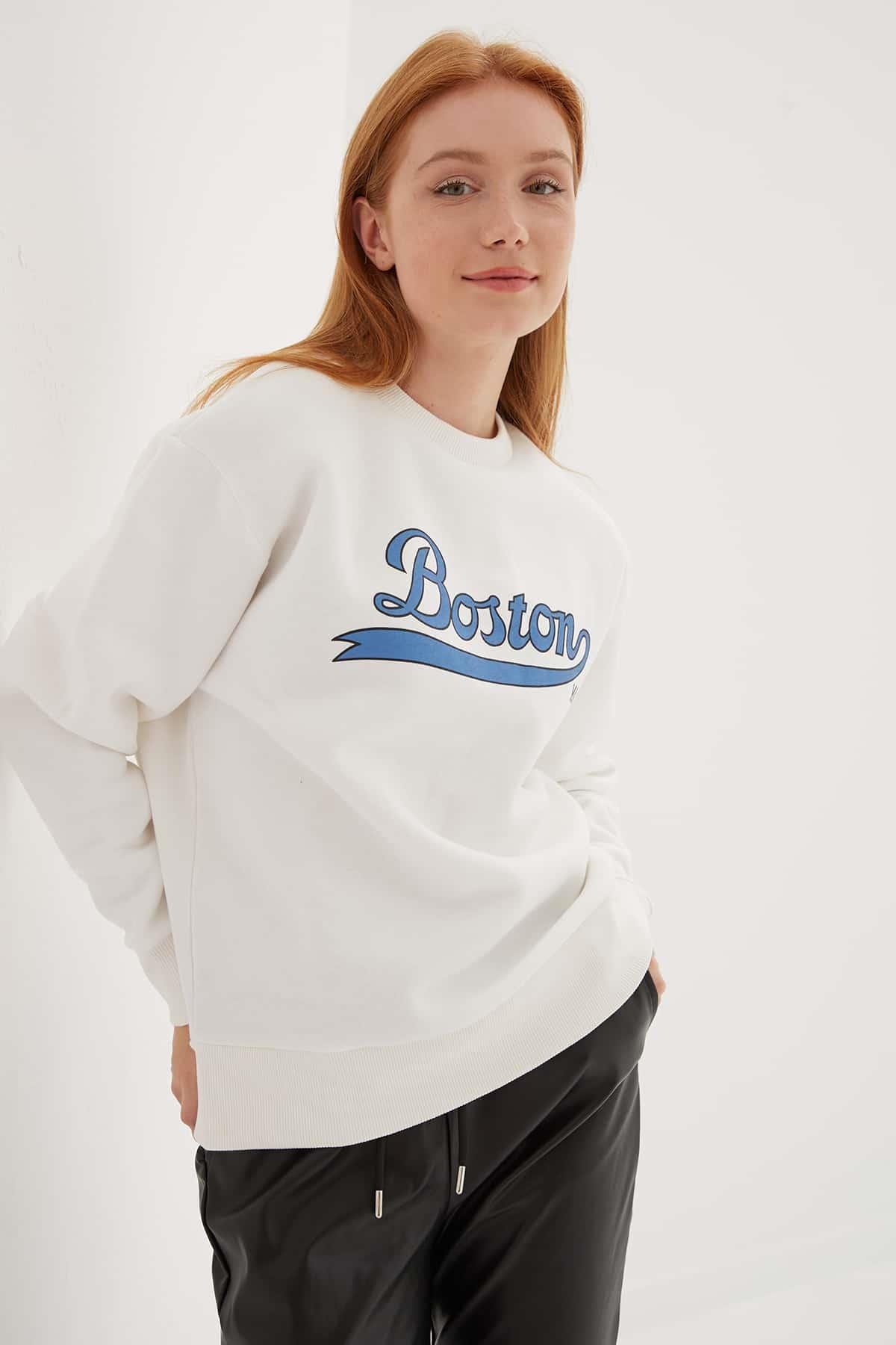 Bisiklet Yaka Baskılı Sweat Ekru | Fashion Friends